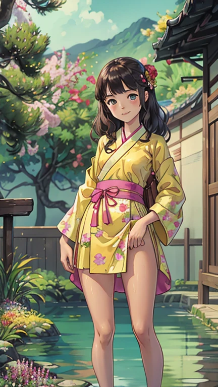 best quality,masterpiece,1girl,solo,(((NSFW))),(((9years old))),japanese girl,an extremely cute and beautiful girl,highly detailed beautiful face and eyes,petit,cute face,lovely face,baby face,shy smile,show teeth,black hair,medium long hair,Hairless pussy,flat chest,skinny,slender,(((wearing a wet thin yellow floral mini hanbok))),(((standing in a Korean garden))),she is looking at the viewer,hands pull off clothes,(undress:1.1),(no panties:1.1),(legs spread wide:1.1),(no bra:1.1)