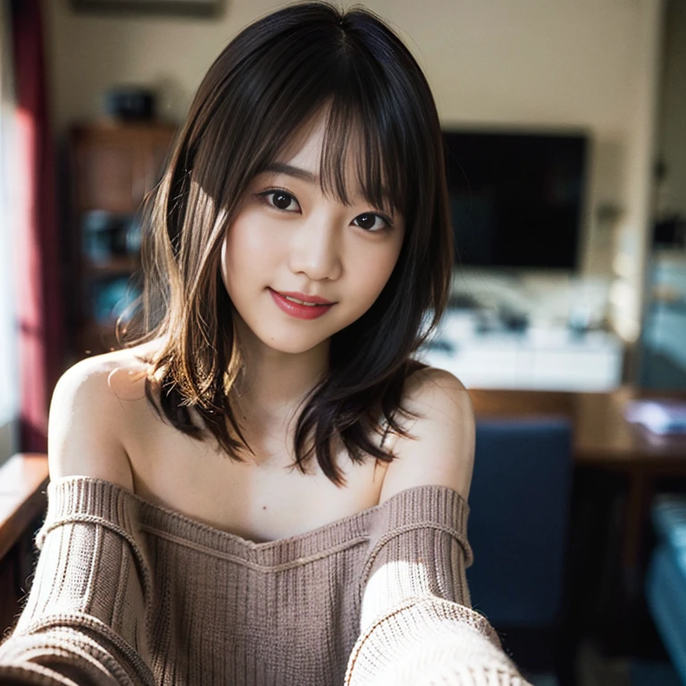(8k、RAW Photos、Best image quality、masterpiece:1.2)、(Genuine、フォトGenuine:1.37)、Very detailed、Ultra-high resolution、girl、1 person、Age 25、Modest off-the-shoulder knit、Slightly thicker、smile、Selfie、room、Bob Hair、healthy