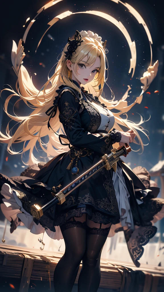 masterpiece, high quality, 4K, Beautiful design, silhouette，blonde， 非常に詳細な夜のStarry Sky,Flower Field， wonderful, Finer details,  Very knowledgeable woman, Highly detailed solo, 1 female,Big Breasts，All-white Gothic Lolita fashion，Firearms equipment，Night view，Starry Sky，full moon，