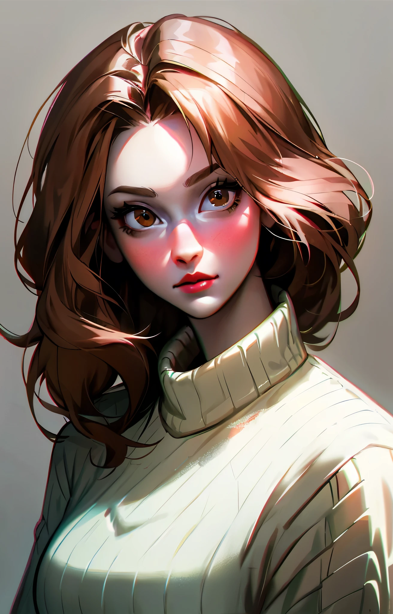 Girl, long light brown hair, brown eyes, sharp features, white skin, pink lips, calm, sweater