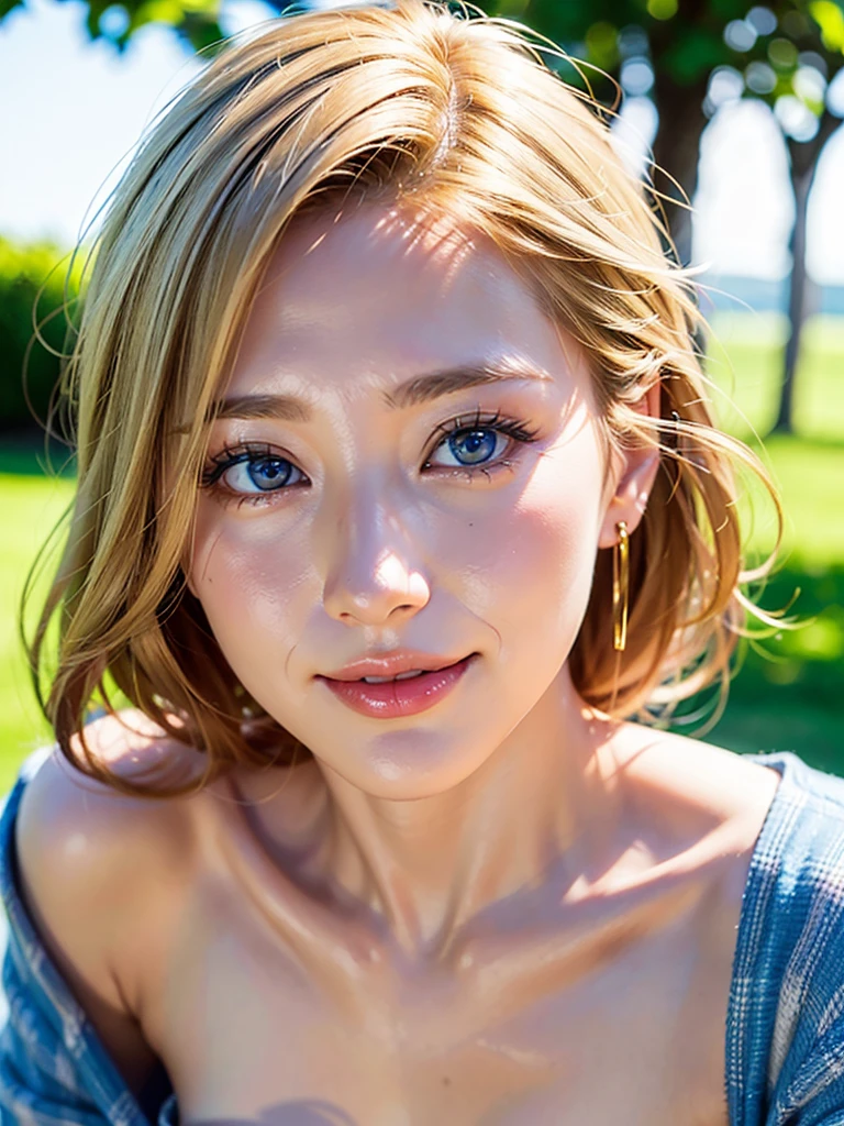 high resolution、Very beautiful woman、(Dasha Taran)、Thoughtful expression、Clear photos、Realistic photos、Blonde Hair、Blue Eyes、Beautiful Landscape、Angelic figure、Smiling kindly at the audience