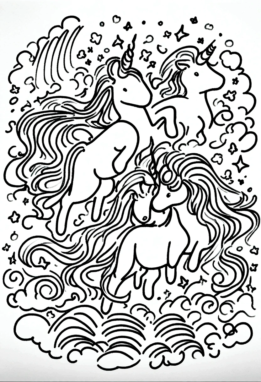 different unicorns surrounded by clouds and rainbow ,coloring page for kids, no color, white background