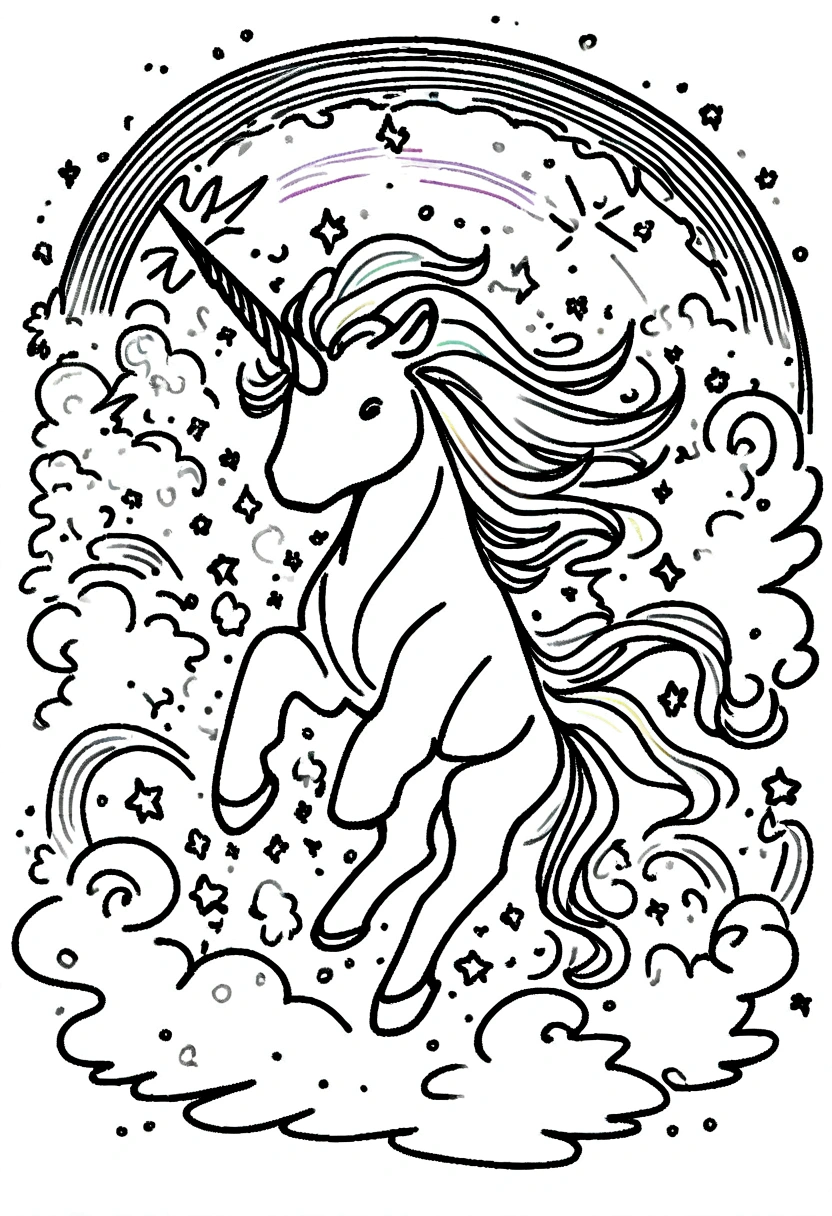 different unicorns surrounded by clouds and rainbow ,coloring page for kids, no color, white background