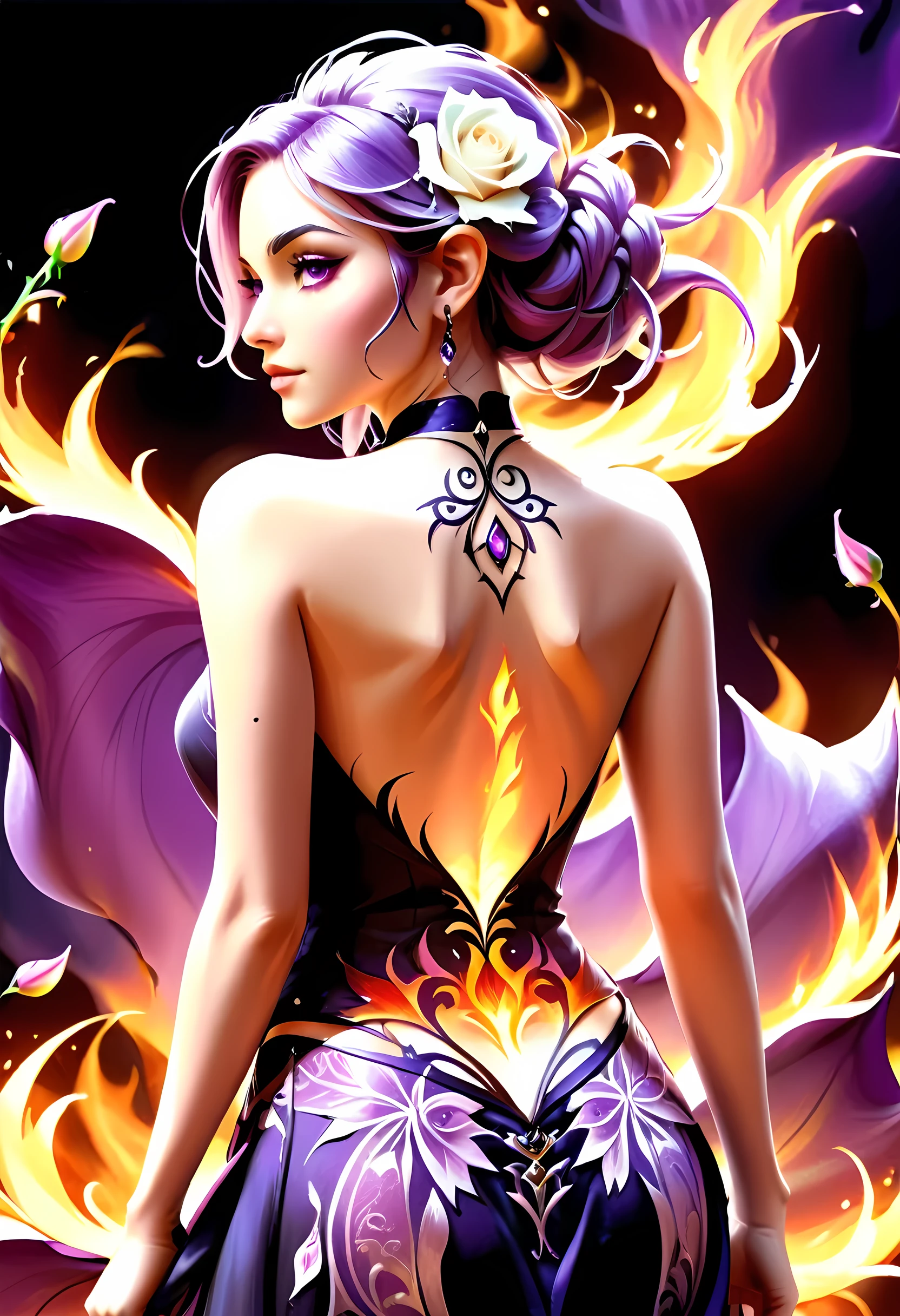 Arafed, Dark fantasy art, fantasy art, goth art, a picture of a tattoo on the back of a female elf, a glowing tattoo of a ((white rose: 1.3)) on the elf's back, the ((rose tattoo)) is vivid, intricate detailed coming to life from the ink to real life, GlowingRunesAI_purple, ((fire surrounds the rose petals: 1.5)), shot taken from the back, ((the back is visible: 1.3), she wears a transparent  black dress, bare back, the dress is elegant, flowing, elven style, that the (tattoos glow: 1.1), dynamic hair color, dynamic hair style, faize, trimmed dress, frills, velvet corset, strapless,