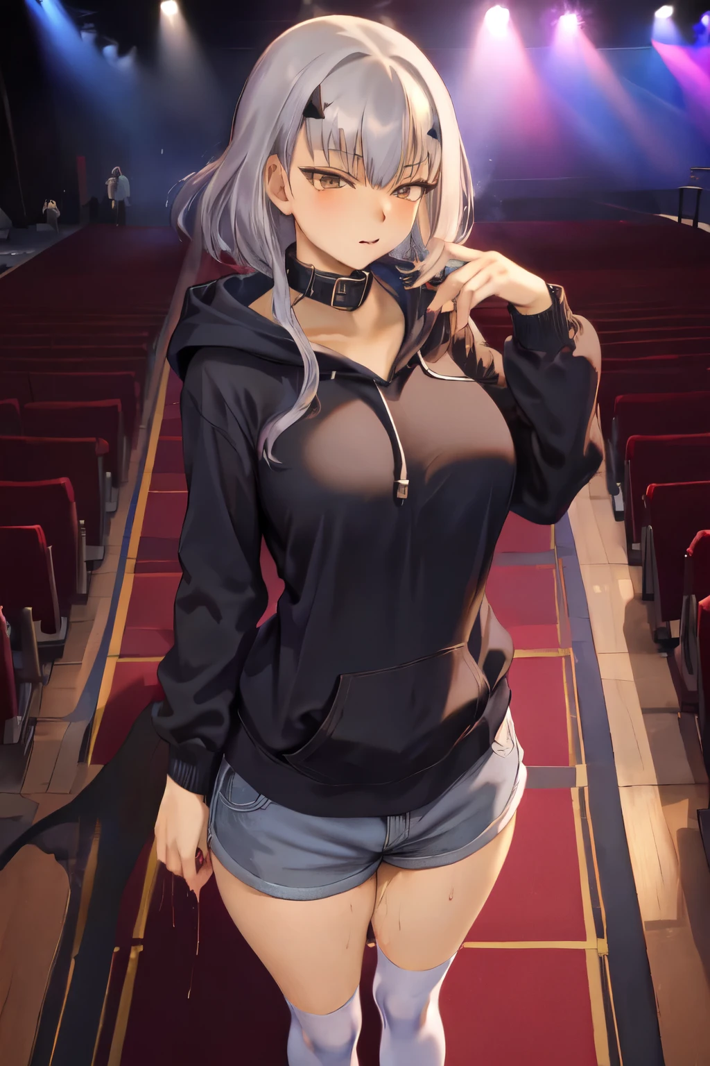 masterpiece, highest quality, 1 person,( Large Breasts,Blue hoodie, Are standing, View Audience,Dolphin Shorts,),Detailed Background、A person who writes in detail、Accurate human body、Knowledgeable person、Five correct answers、Mature Woman,Thighsが太い,cruvy body,Melusine, (Brown eyes:1.5), Long Hair, ((Gray Hair)), Side Lock,Long sleeve、Knee socks、Thighs、白いKnee socks、,((Pussy juice)),((Slave Collar))、pussy juice stain、solo