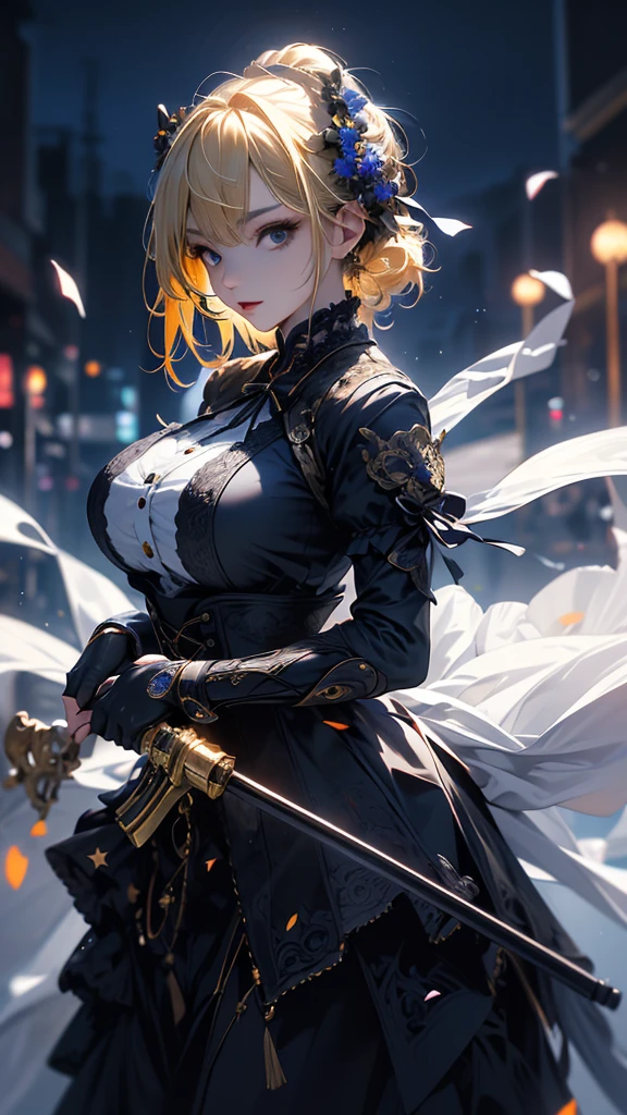 masterpiece, high quality, 4K, Beautiful design, silhouette，blonde， 非常に詳細な夜のStarry Sky,Flower Field， wonderful, Finer details,  Very knowledgeable woman, Highly detailed solo, 1 female,Big Breasts，Gothic Lolita Fashion，Firearms equipment，Night view，Starry Sky，full moon，