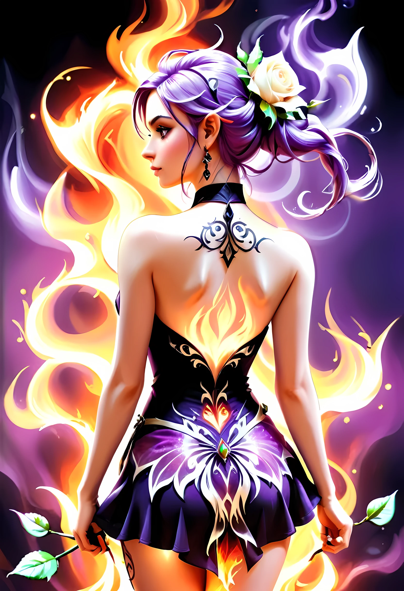 Arafed, Dark fantasy art, fantasy art, goth art, a picture of a tattoo on the back of a female elf, a glowing tattoo of a ((white rose: 1.3)) on the elf's back, the ((rose tattoo)) is vivid, intricate detailed coming to life from the ink to real life, GlowingRunesAI_purple, ((fire surrounds the rose petals: 1.5)), shot taken from the back, ((the back is visible: 1.3), she wears a transparent  black dress, bare back, the dress is elegant, flowing, elven style, that the (tattoos glow: 1.1), dynamic hair color, dynamic hair style, faize, trimmed dress, frills, velvet corset, strapless,