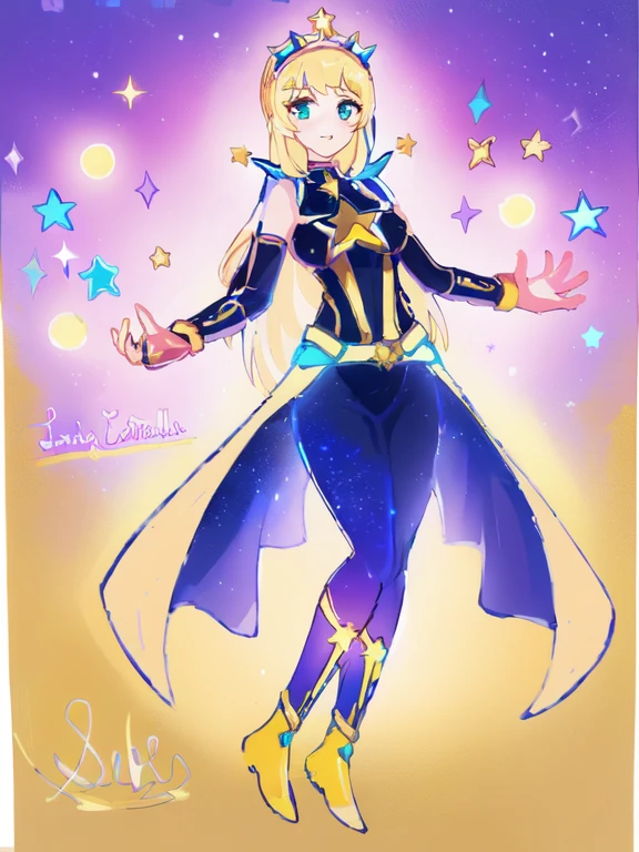 un dibujo de una mujer disfrazada con una capa y una estrella, inspirado en Li Chevalier, Inspired by Star Guardian, celda sombreada!!!, celda sombreada!!!, la galaxia marinera. Hermoso, fanart exquisito muy detallado, Hermoso celestial mage, bruja del cielo, like a retro futuristic heroine, inspirado en marinero luna, portrait of an anime heroine, ethereal astral, estrellas amarillas, chica rubia hermosa con ojos azules, yellow suit with small blue and purple details, Red belt
