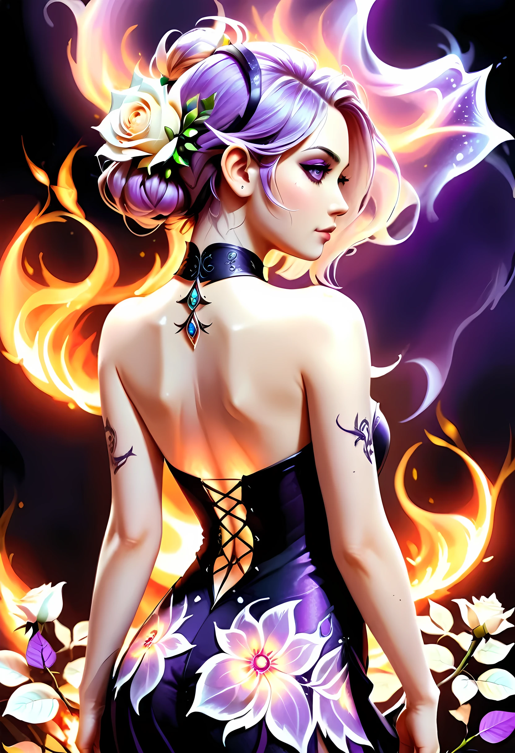 Arafed, Dark fantasy art, fantasy art, goth art, a picture of a tattoo on the back of a female elf, a glowing tattoo of a ((white rose: 1.3)) on the elf's back, the ((rose tattoo)) is vivid, intricate detailed coming to life from the ink to real life, GlowingRunesAI_purple, ((fire surrounds the rose petals: 1.5)), shot taken from the back, ((the back is visible: 1.3), she wears a transparent  black dress, bare back, the dress is elegant, flowing, elven style, that the (tattoos glow: 1.1), dynamic hair color, dynamic hair style, faize, trimmed dress, frills, velvet corset, strapless,