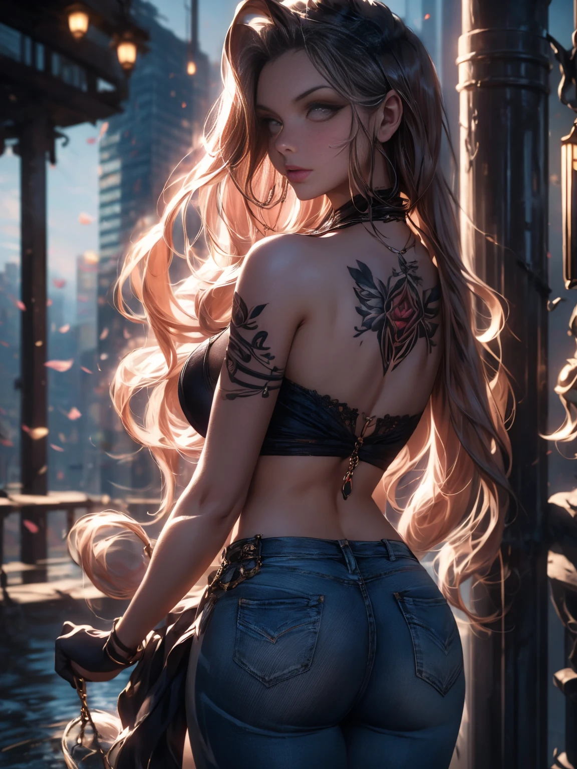 A beautiful young woman from behind showing her beautiful black intricate tattoo intricate tattoo design, only her back is visible, detailed background, grabbing colorful hanging fabrics, HD, 8K, jeans pants, very detailed and sharp, photorealistic, skin delicate, perfect lighting, dramatic composition, elegant pose, stunning background, cinematic atmosphere