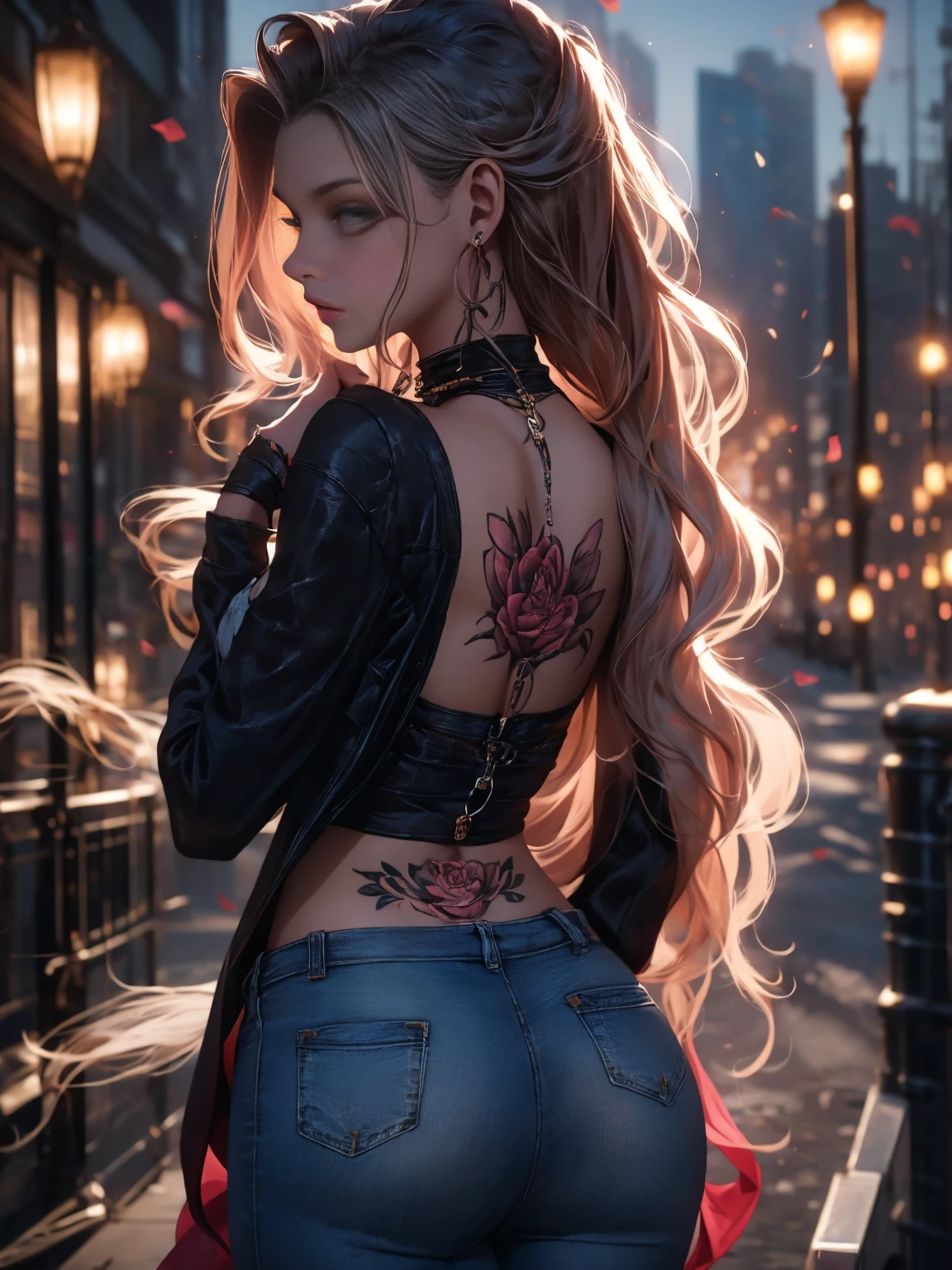 A beautiful young woman from behind showing her beautiful black intricate tattoo intricate tattoo design, only her back is visible, detailed background, grabbing colorful hanging fabrics, HD, 8K, jeans pants, very detailed and sharp, photorealistic, skin delicate, perfect lighting, dramatic composition, elegant pose, stunning background, cinematic atmosphere