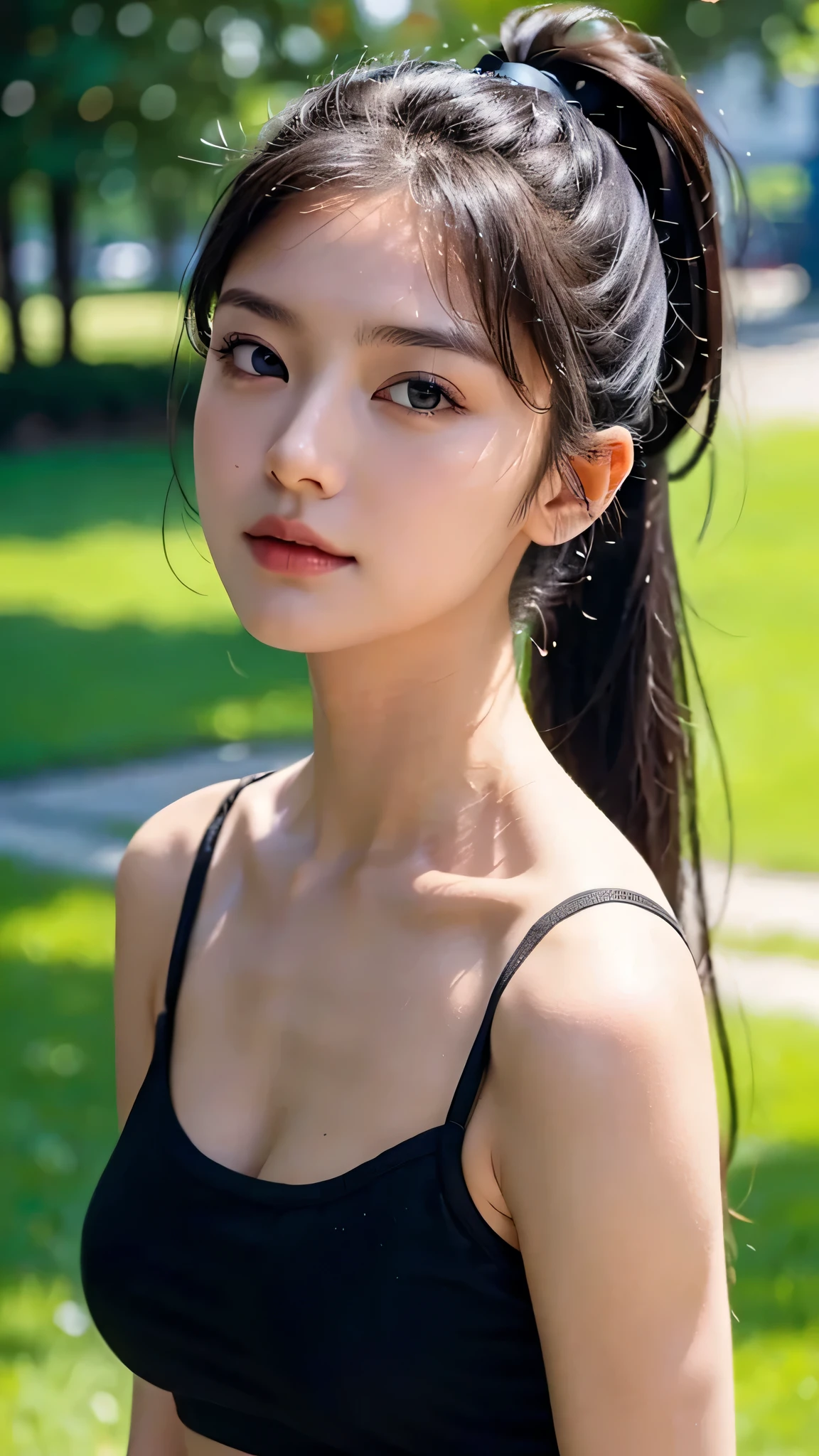 Black underwear shows through the T-shirts with wide neck openings,Bra straps are showing,jeans,outdoors,Urban Park,On the lawn,One woman,close up face,fully body photo,masutepiece, The highest image quality, High quality, the background is clear,Beautiful woman, Japanese, Detailed, Detailed eyes, Detailed skin, Beautiful skin, 超hight resolution, (reality: 1.4),Very beautiful woman, Slightly younger face, Beautiful skin, slender, (Ultra photo realsisim), (hight resolution), (8K), (Very detailed) (beautifully detailed eyes), (super detailed), (Detailed face), view the viewer, Fine details, Detailed face, Staring straight ahead, Staring straight ahead, photos realistic, Bright lighting, Professional Lighting, Black hair,poneyTail,a baby face,sixteen years old,Hairstyle: ponytail,Long ponytail hairstyle,slight smile,
