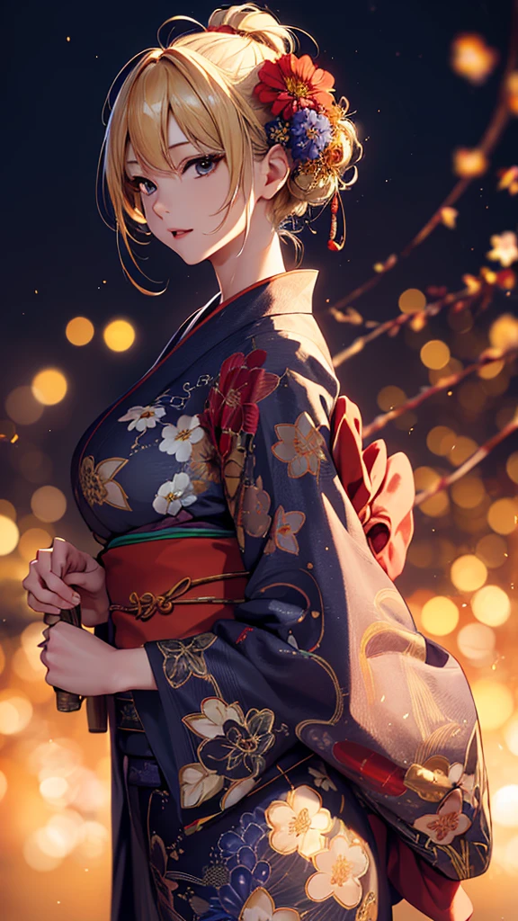 masterpiece, high quality, 4K, Beautiful design, silhouette,blonde, 非常に詳細な夜のStarry Sky,Flower Field, wonderful, Finer details, Very knowledgeable woman, Highly detailed solo, 1 female,Big Breasts,Red color yukata,Night view,Starry Sky,Fireworks in the background,