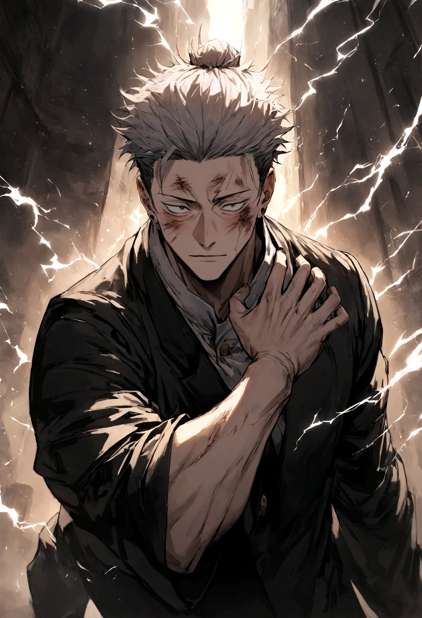 1 boy, Men&#39;s Center, Satoru gojou,Jujutsu Kaisen、Injury, electricity,, masterpiece, highest quality, so beautiful,