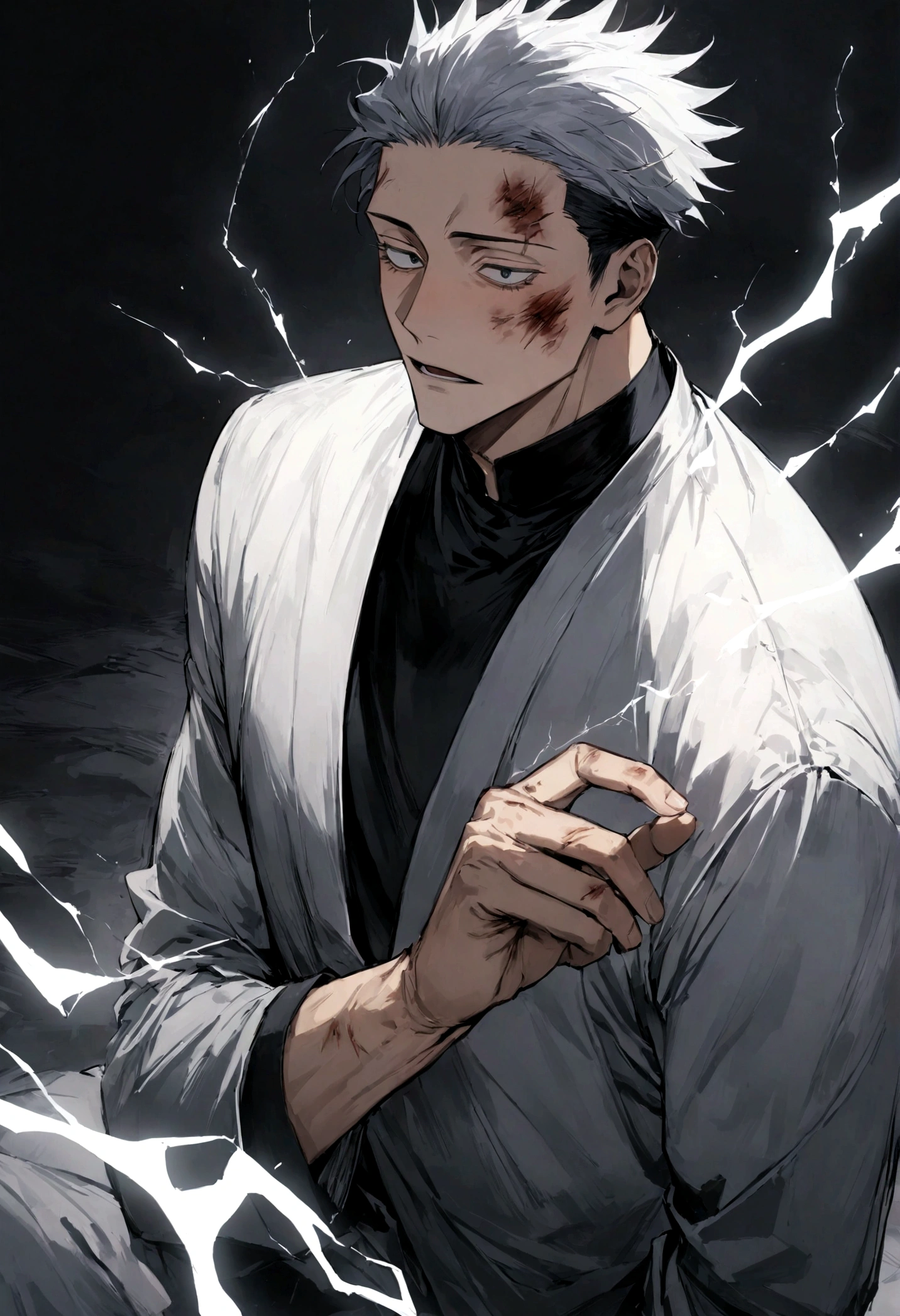 1 boy, Men's Center, Satoru gojou,Jujutsu Kaisen、Injury, electricity,, masterpiece, highest quality, so beautiful,