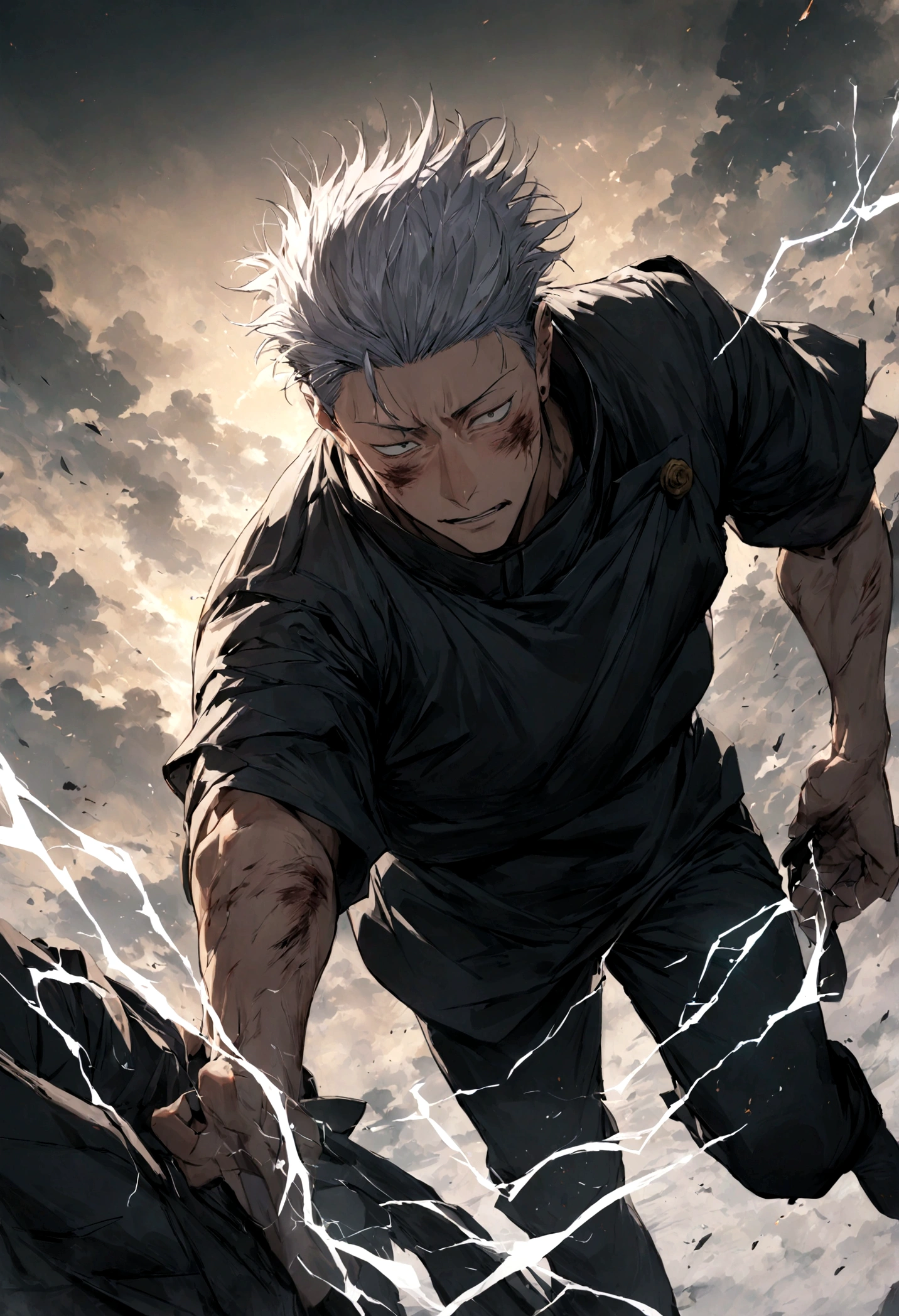 1 boy, Men's Center, Satoru gojou,Jujutsu Kaisen、Injury, electricity,, masterpiece, highest quality, so beautiful,