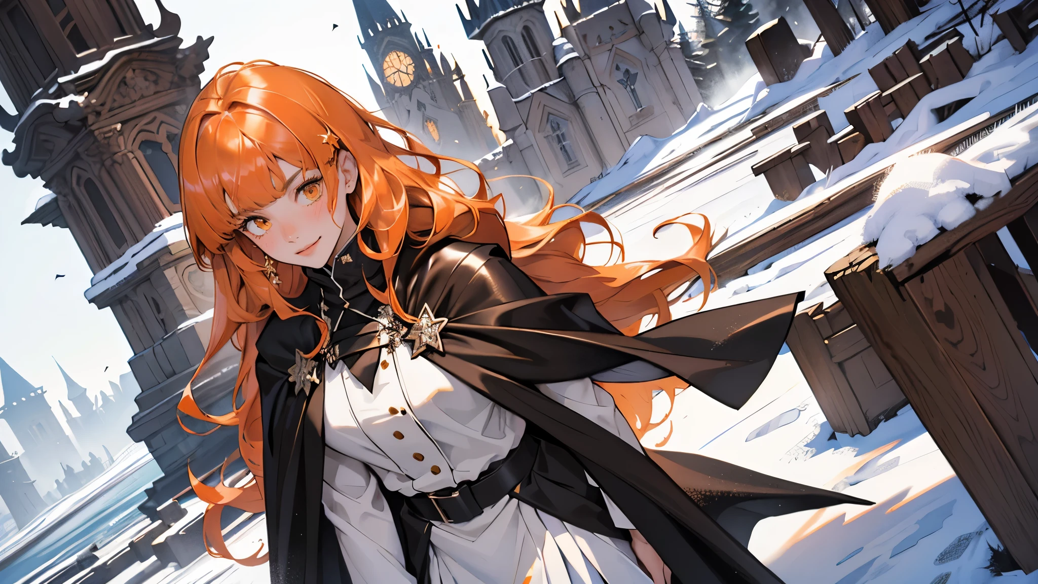 (girl), masterpiece, ultra detailed, 8K Portrait, Raw photo, woman's portrait photography, full body, Highly detailed face, mischievous childish smile, blush, ((Fantasy)), ((young)), 17 years old, 160cm, (((student))), ((tanned skin)), (((dark orange colored long straight hair))), (((blunt bangs))), hair ornament, (((black silk long cloak))) Fluttering in the wind, (high school dark white uniform:1.5), short skirt, Midday sun, Hyper realistic, Slender body, by the snowy castle, Ambient lighting, Shadow details, Camera focus on face, strong breeze, Light fog