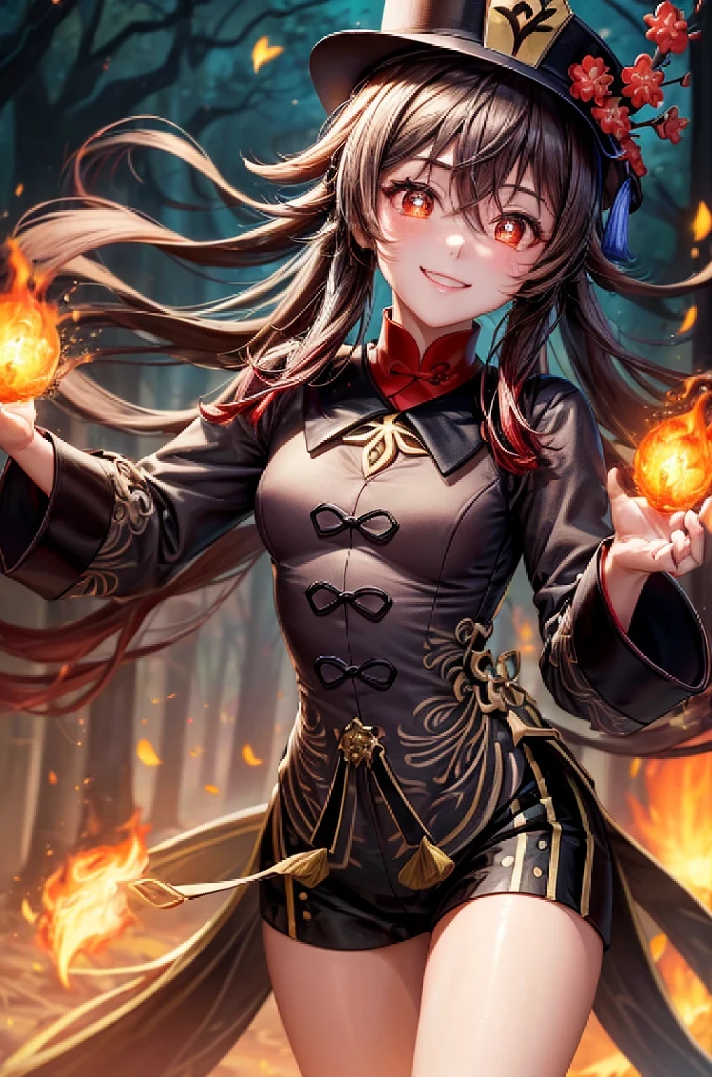 ((hutaodef)):1.5,((masterpiece,highest quality,Highly detailed images,Beautiful images、Realistic、Photorealistic、2.5D))((hutao images,A graveyard in a dark forest、Many gravestones、Jumping around、A dynamic pose、Bright natural light throughout、Backlight、A fantastic atmosphere、Dust flutters)),(Close-up image of hutao)、((small breasts))(smile)Fireballs floating in the air