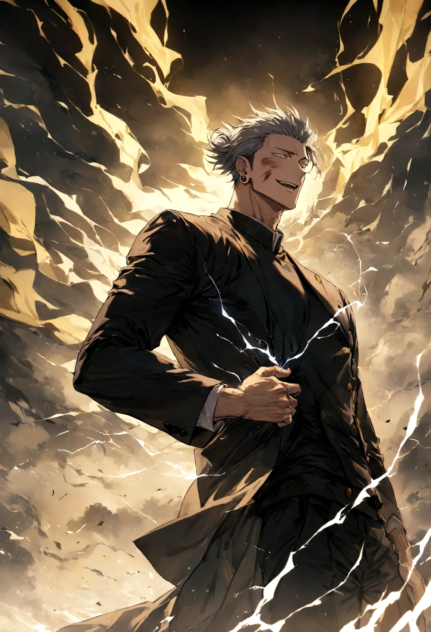 1 boy, Men's Center, Satoru gojou,Jujutsu Kaisen、Injury, electricity,, masterpiece, highest quality, so beautiful