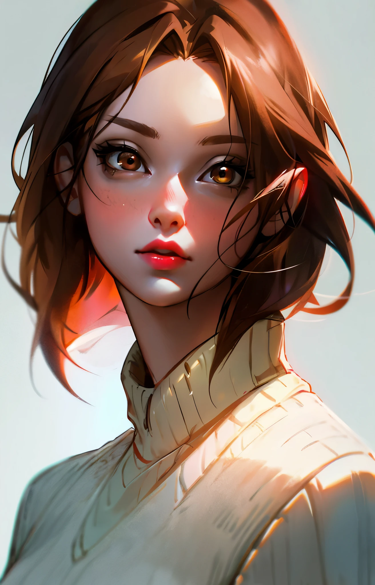 Girl, long light brown hair, brown eyes, sharp features, white skin, pink lips, calm, sweater