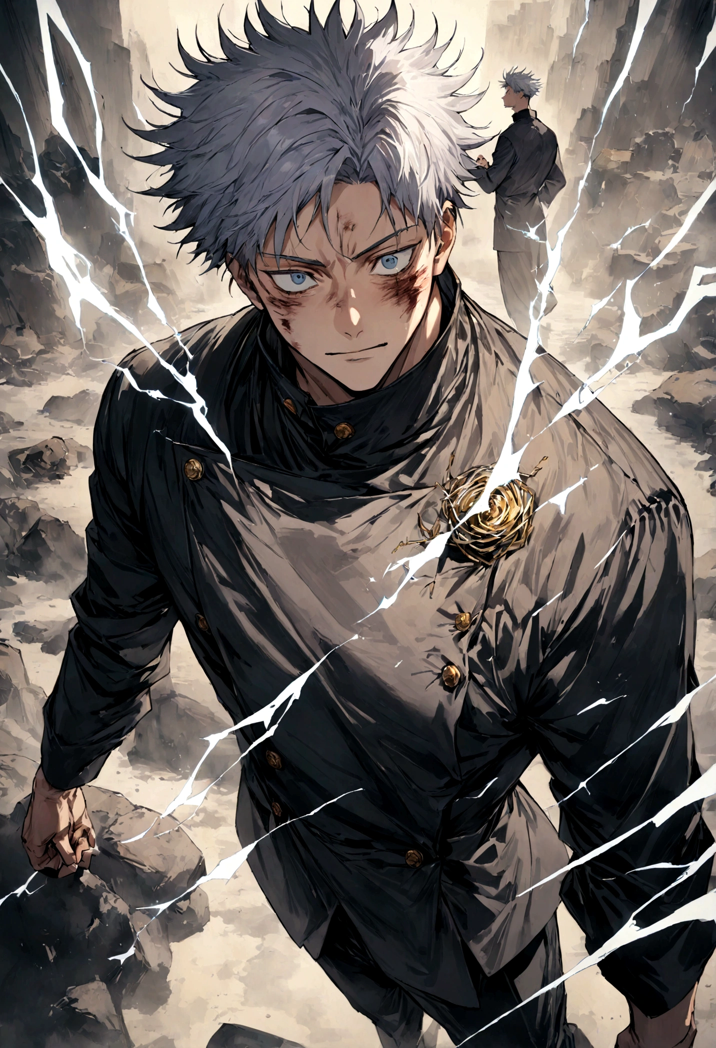 1 boy, Men's Center, Satoru gojou,Jujutsu Kaisen、Injury, electricity,, masterpiece, highest quality, so beautiful,