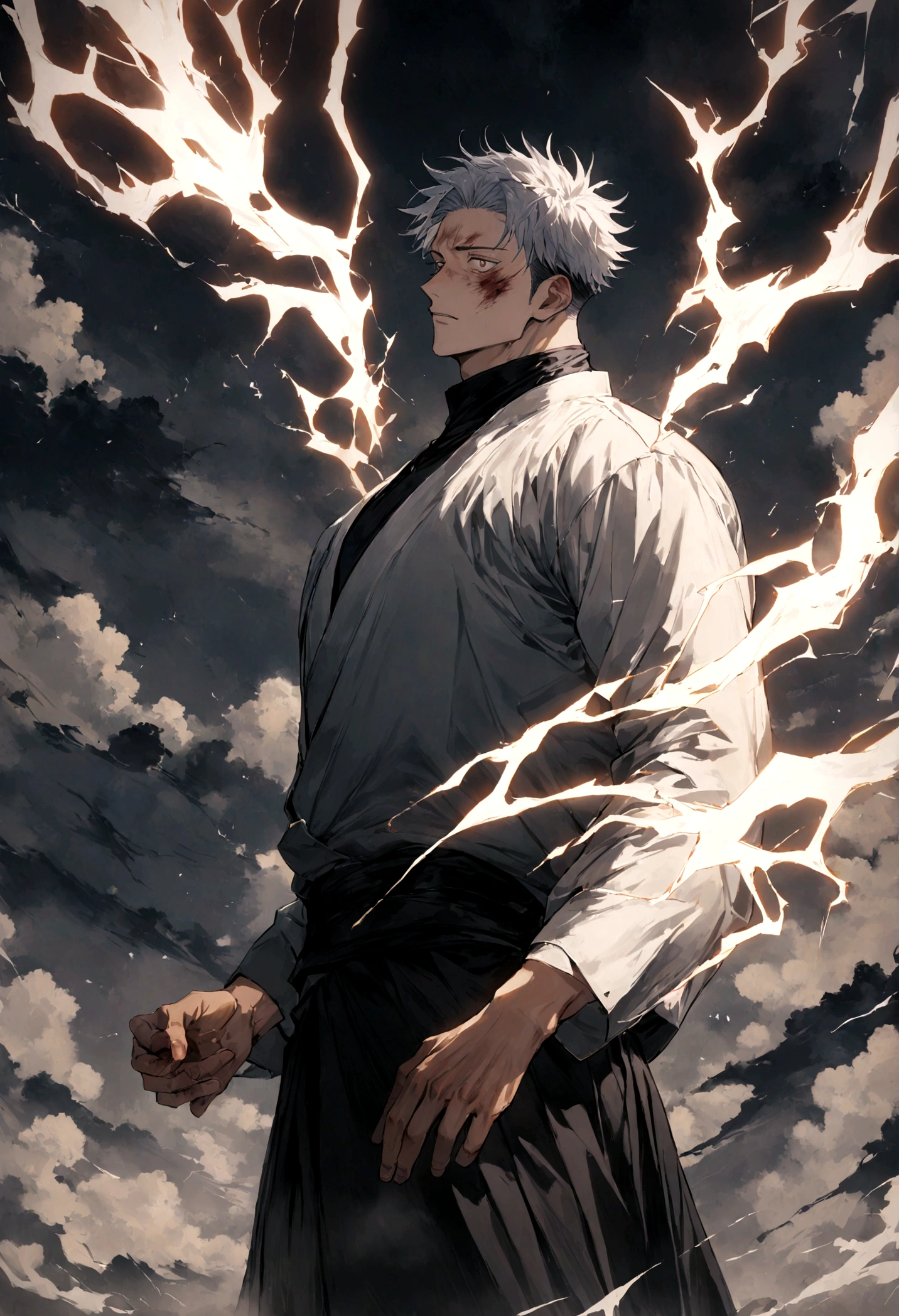 1 boy, Men&#39;s Center, Satoru gojou,Jujutsu Kaisen、Injury, electricity,, masterpiece, highest quality, so beautiful,