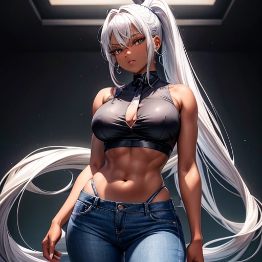Silver hair ponytail, A dark-skinned woman wearing a black dress shirt and slim jeans is preparing fried shrimp。.　Showing your belly button　Alluring thighs