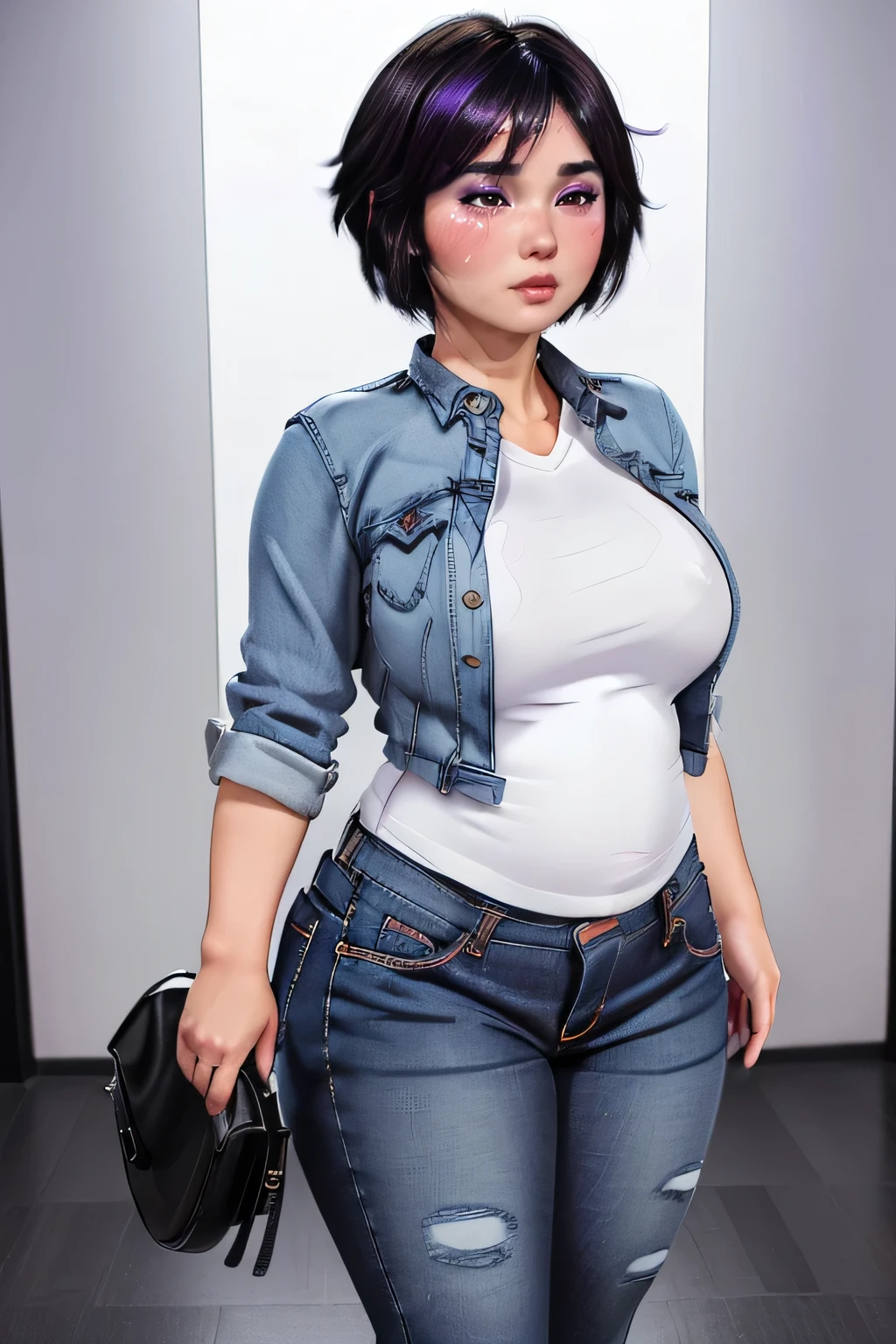 (masterpiece), (photorealistic), (8k wallpaper), (best quality), perfect quality, solo, (detailed eyes), girl, Gogo Tomago, part-purple hair, very beautiful, young, pose: ((unconfident pose), (humiliated pose), ashamed), (got very fat), (pink chewinggum), face : (young, ((blushed)), ((crying)), ((red cheeks)), (round face), (plump cheeks), ashamed, (makeup), perfect face, detailed face, (simmetric face), very beautiful face, asian, Japanese, very beautiful, cute face, young, big eyes), (huge weight gain), got very fat, figure: ( very full body, very full figure, ((huge breasts)), very curvy, very thicc, (fat rolls), (back rolls), belly rolls, (very fat), very fat belly, (very fat belly bottom), (belly bulge), muffin top, (fatty), love handles, very thick, ((wide waist)), ((big deep navel)), very soft, very curvy, wide fat hips, sexy curves, (sexy), fat ass, (very fat thighs), (thunder thighs)) , clothes : ((extremely tight black jeans), (ripped jeans), (tight purple shirt), (jeans straining against her belly), (shirt straining against her waist))