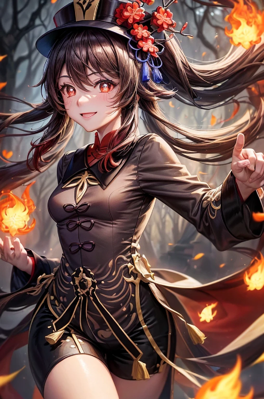 ((hutaodef)):1.5,((masterpiece,highest quality,Highly detailed images,Beautiful images、Realistic、Photorealistic、2.5D))((hutao images,A graveyard in a dark forest、Many gravestones、Jumping around、A dynamic pose、Bright natural light throughout、Backlight、A fantastic atmosphere、Dust flutters)),(Close-up image of hutao)、((small breasts))(smile)Fireballs floating in the air、With a red spear、hutao has a red spear。