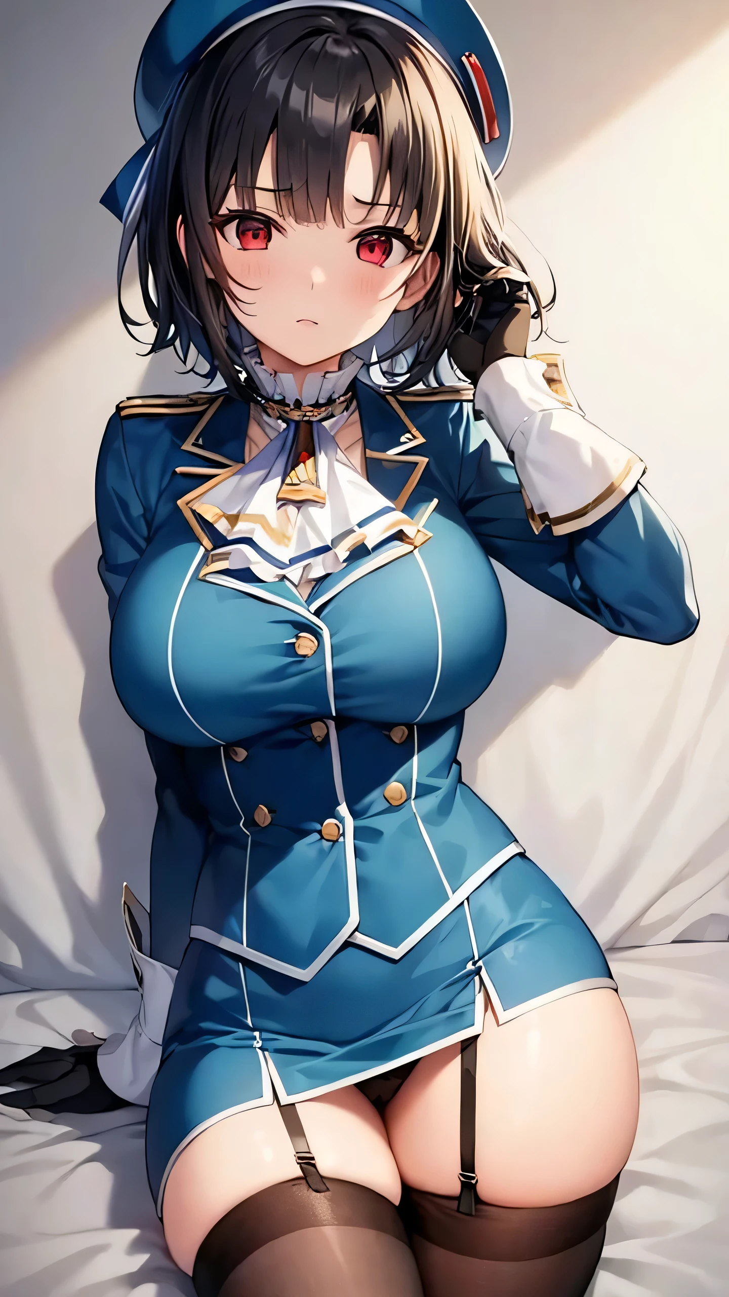(masterpiece, best quality:1.2),illustration,8k,hd,1girl,solo,upper body,(portrait:1.2),takao \(kancolle\),black hair,red eyes,short hair,large breasts,long sleeves,hat,black gloves,black thighhighs,miniskirt,blue skirt,military uniform,beret,garter straps,blue jacket,blue headwear,pencil skirt, ((panty shoot))