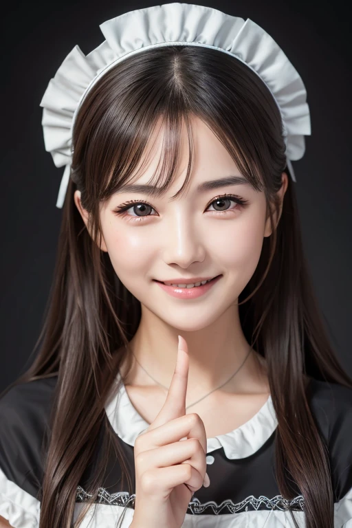 masterpiece, highest quality, 8k, Absurd, (Upper Body:1.4), Black maid outfit, beautiful girl, Pretty face, View Viewer, Black and white headdress、smile, Ultra-realistic, High resolution, photograph, Film Grain, chromatic aberration, Sharp focus, High resolution, Face Light, Dynamic Lighting, Cinema Lighting, Professional Shadow, Simple Background, Most detailed, Very detailed, Super detailed, In detail, Real Skin, Delicate facial features, Detailed face and eyes, Sharp pupils, messy hair、fingersmile、