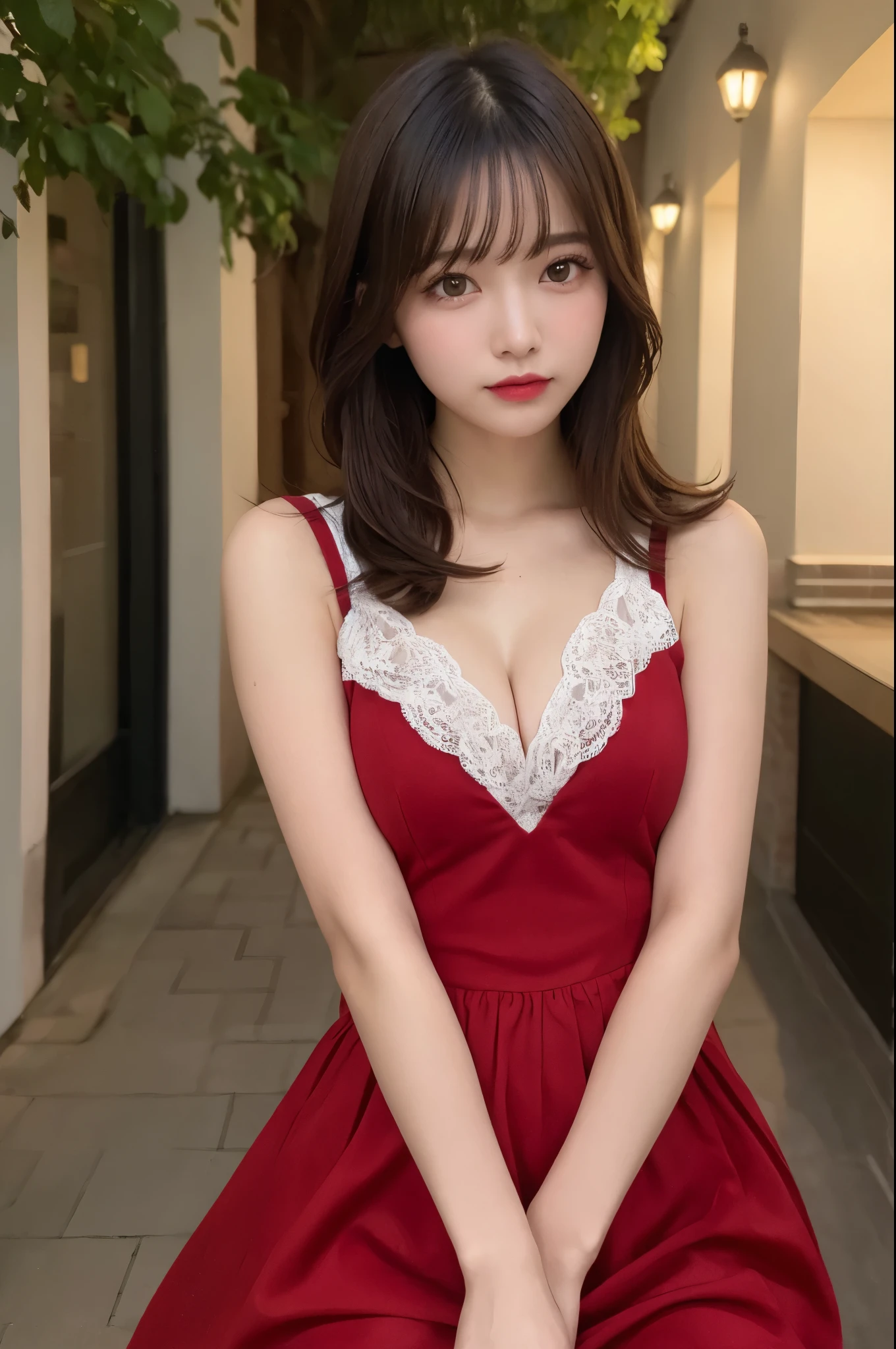 Realistic eyes、Beautiful eyelashes、High resolutionの顔、Dresses with decoration、Please wear a knee-length skirt、Zoom out、Night view、22 years old、Knee-length viewing angle、RED dress stay piece, highest quality, figure, Super detailed, In detail, High resolution, 8k wallpaper, Beautiful fine details, Arrange your hairstyle, c cup breasts, Natural color lip
