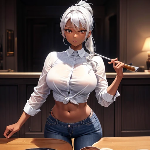 Silver hair ponytail, A dark-skinned woman in a black dress shirt and slim jeans is making beef stew。. Showing your belly button Alluring thighs