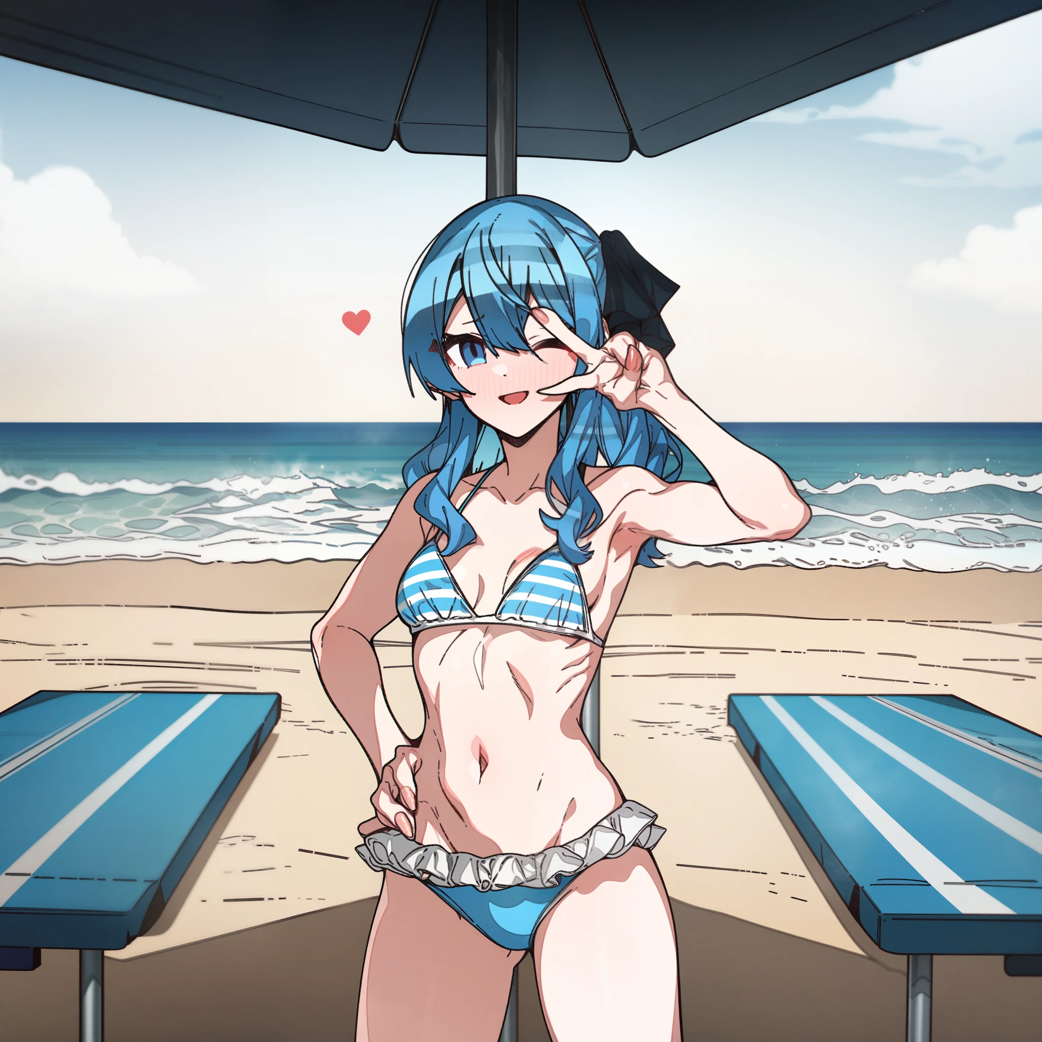 hoshimachi_suisei, Artist, erere, Copyrights, idolmaster, idolmaster_shiny_colors, Character, General, 1girl, wavy side_locks, blue_hair, blunt_bangs, blush, medium_breasts, breasts, blue_eyes, striped bikini, blue_bikini, frilled_bikini, navel, raised_eyebrows, parted_lips, smile, (full_body) (standing in middle, beach_umbrella), sky, detailed, sand, outdoors, looking_at_viewer:1, facing_viewer, masterpiece, best_quality, great_quality, girl, solo, center_composition, centered character, v_over_eye, hand_on_hip, cute
