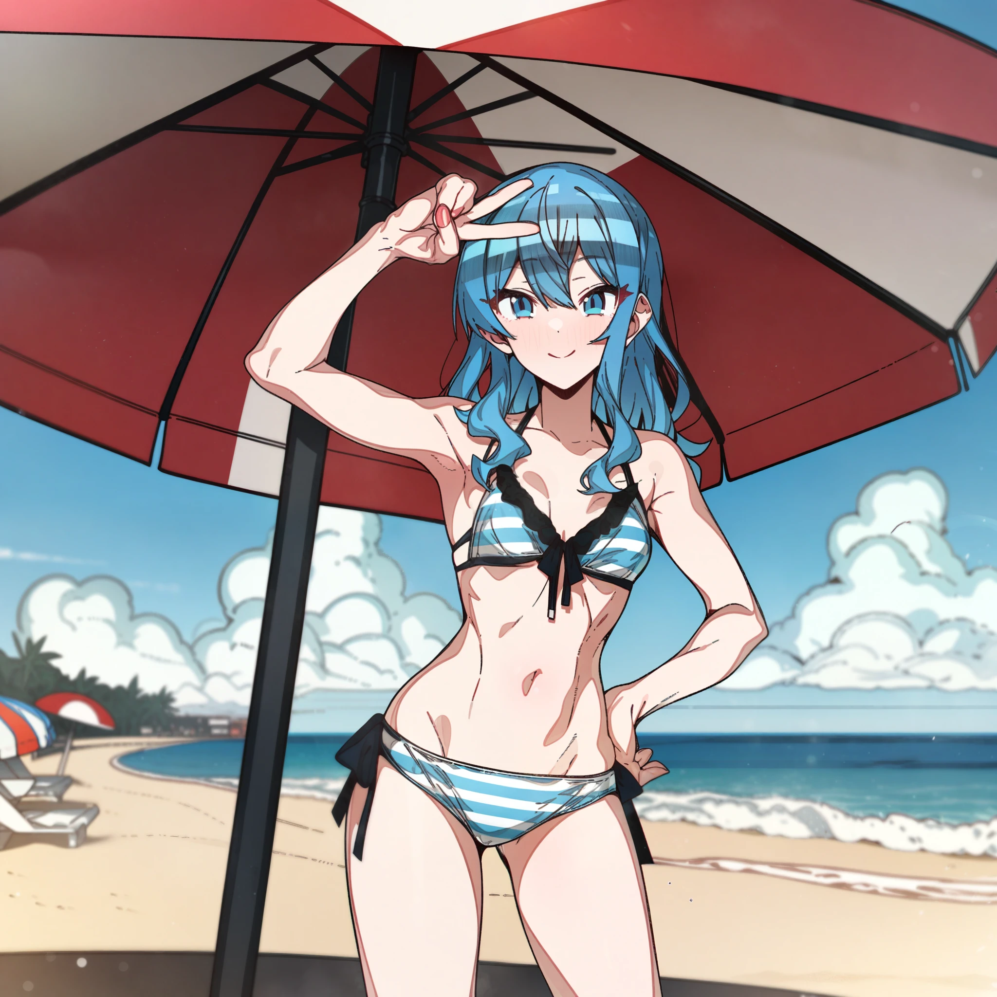 hoshimachi_suisei, Artist, erere, Copyrights, idolmaster, idolmaster_shiny_colors, Character, General, 1girl, wavy side_locks, blue_hair, blunt_bangs, blush, medium_breasts, breasts, blue_eyes, striped bikini, blue_bikini, frilled_bikini, navel, raised_eyebrows, parted_lips, smile, (full_body) (standing in middle, beach_umbrella), sky, detailed, sand, outdoors, looking_at_viewer:1, facing_viewer, masterpiece, best_quality, great_quality, girl, solo, center_composition, centered character, v_over_eye, hand_on_hip, cute