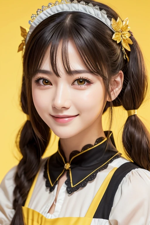 masterpiece, highest quality, 8k, Absurd, (Upper Body:1.4), Black maid outfit, beautiful girl, Pretty face, View Viewer, Headdress、smile, Ultra-realistic, High resolution, photograph, Film Grain, chromatic aberration, Sharp focus, High resolution, Face Light, Dynamic Lighting, Cinema Lighting, Professional Shadow, Simple Background, (Dull yellow background:1.4), Most detailed, Very detailed, Super detailed, In detail, Real Skin, Delicate facial features, Detailed face and eyes, Sharp pupils, messy hair、fingersmile、low twintails