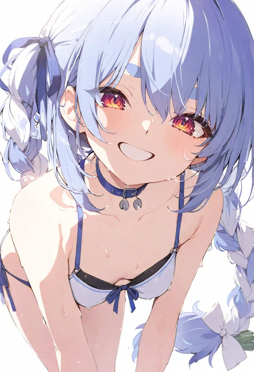 (masterpiece), (best quality), perfect face, beautiful girl, white background background, delicate and beautiful face and eyes, dark intense shadow, 
1 girl, vtuber style, cool girl, hololive, usada pekora, ??????, wet body, small ?????, cropped shoulders, clavicle, winking, smile, ???? feet, ????? visible through clothes, (full body), looking at viewer, standing, 
