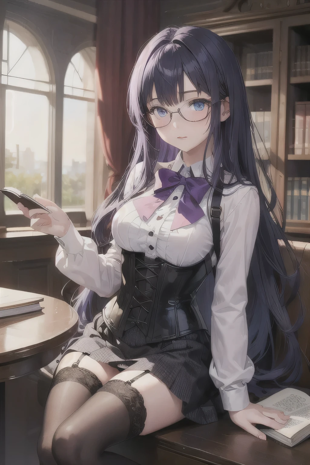 1 Girl,Magical girl, Hold the book, blue eyes, Purple Hair,long hair, black corset, Lace skirt, Black Legwear, library, Glasses,Practical,