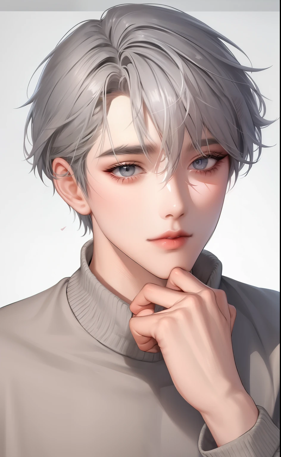 Boy, gray hair, dark gray eyes, sharp features, white skin, brown sweater