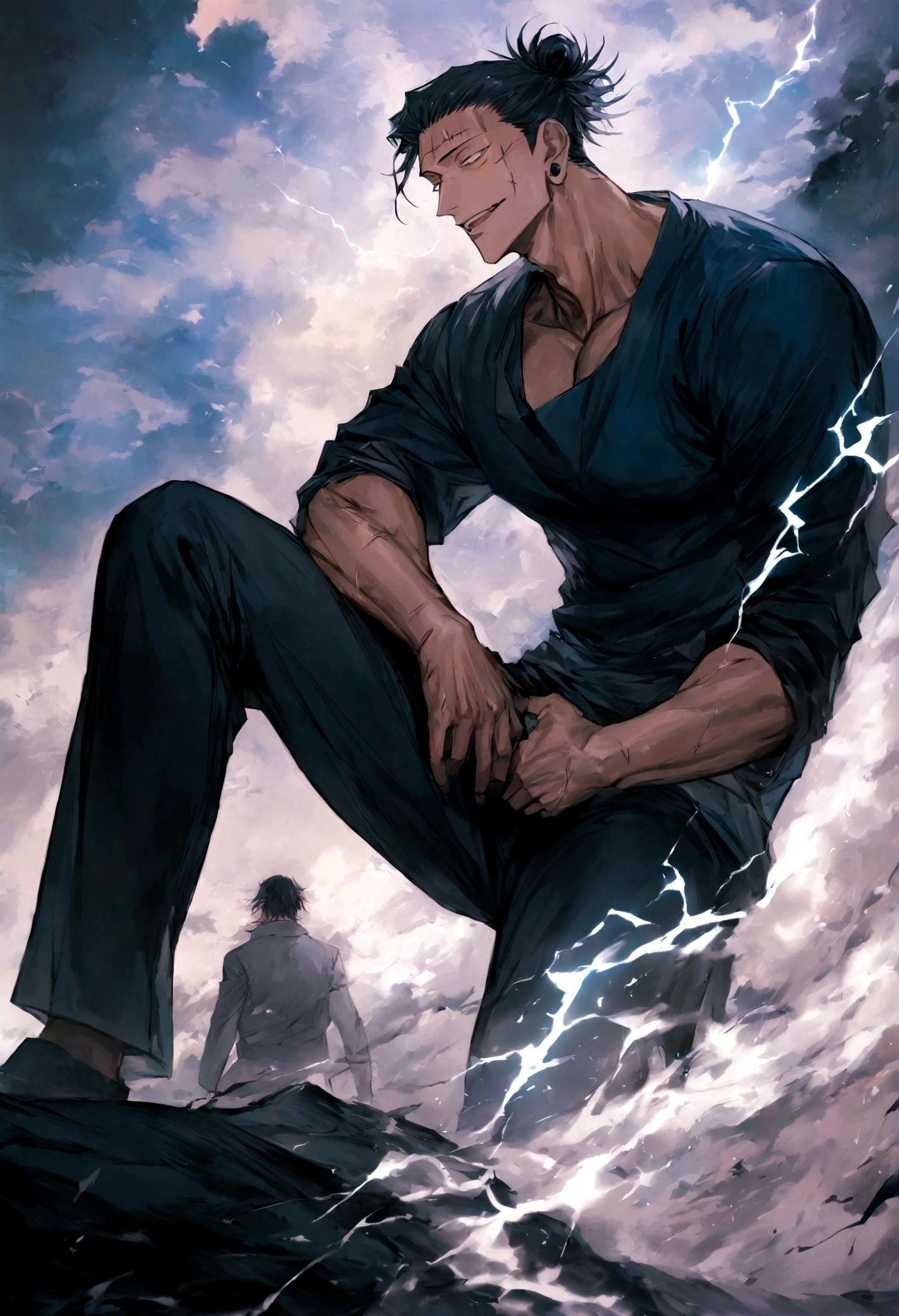 1 boy, Men's Center, Satoru gojou,Jujutsu Kaisen、Injury, electricity,, masterpiece, highest quality, so beautiful,