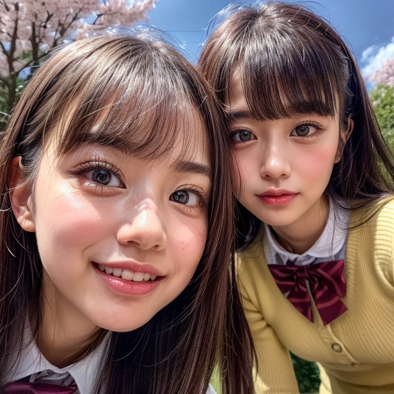 Best_Quality, HDR, masterpiece, Hi-Res, (realistic and photorealistic with touch of rawness:1.37), (group photo:1.6), ((3SchoolGirls Surrounding the camera in Upward composition)), Panoramic, (NOGIZAKA face variations:1.4), { Looking down at the camera | (Kissing face to face) }, (((close:1.2, Face closeup from below:1.4))), (((Sky background)) with CherryBlossoms) . BREAK Extremely Detailed KAWAII face variations, captivating gaze, elaborate detailed Eyes with (sparkling highlights:1.32), long eyelashes、Glossy RED Lips with beautiful details, Coquettish tongue, Rosy cheeks, Glistening ivory skin . { (Dynamic joyful expressions) | (:D) | (Kissing) }, Childish, SchoolUniform, { Bangs | Hime cut | OKAPPA }