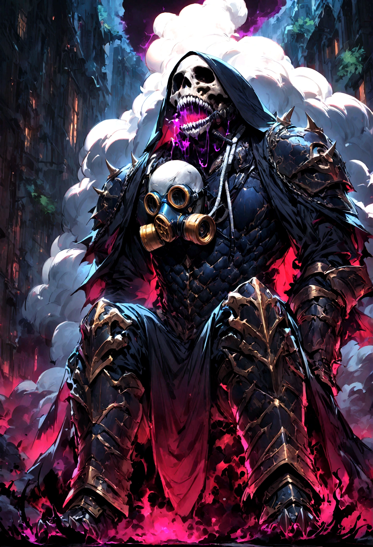 (((perfect anatomy))),((One image of a character based on the typical make dark lord of a fantasy world)), high quality, ultra detailed, ultra realistic, darkness,(illustration:1.4),(overexposure:1.3),(photography:1.3),(macro lens:1.1).,kurenaiz1, ((best quality)), ,(masterpiece), best quality, perfect body, perfect desing, grim reaper, black leather trenchcoat, ((huge metallic white pauldrons with massive horned spikes fused to it)), ((chains wrapped around his arms, chains connecting his pauldrons with one another)), white human skull for a face, two holes for eyes glowing red, ((wearing a long black tattered and dusty cape howling in the wind, wearing a black cowl that covers most of his head)), ((long and rusty respirator tubes comming from his back connecting with the sides of a ancient respirator on the sides of the jaws of the skull)), massive, towering, sinister. The armor is covered in dents and scratches in many locations but looks sturdy and thick, wearing armor on the legs the knees and the thighs. ((A massive black aura and misma oozing out and around the character like a cloud of death and warning to any who would ever dare aproach him)), ((hands incased in thick gauntlets made of black iron with streaks of white bones fused on them ending in sharp black talons of steel)), in a dark forest, at night, thick foliage with trees and bushes.,