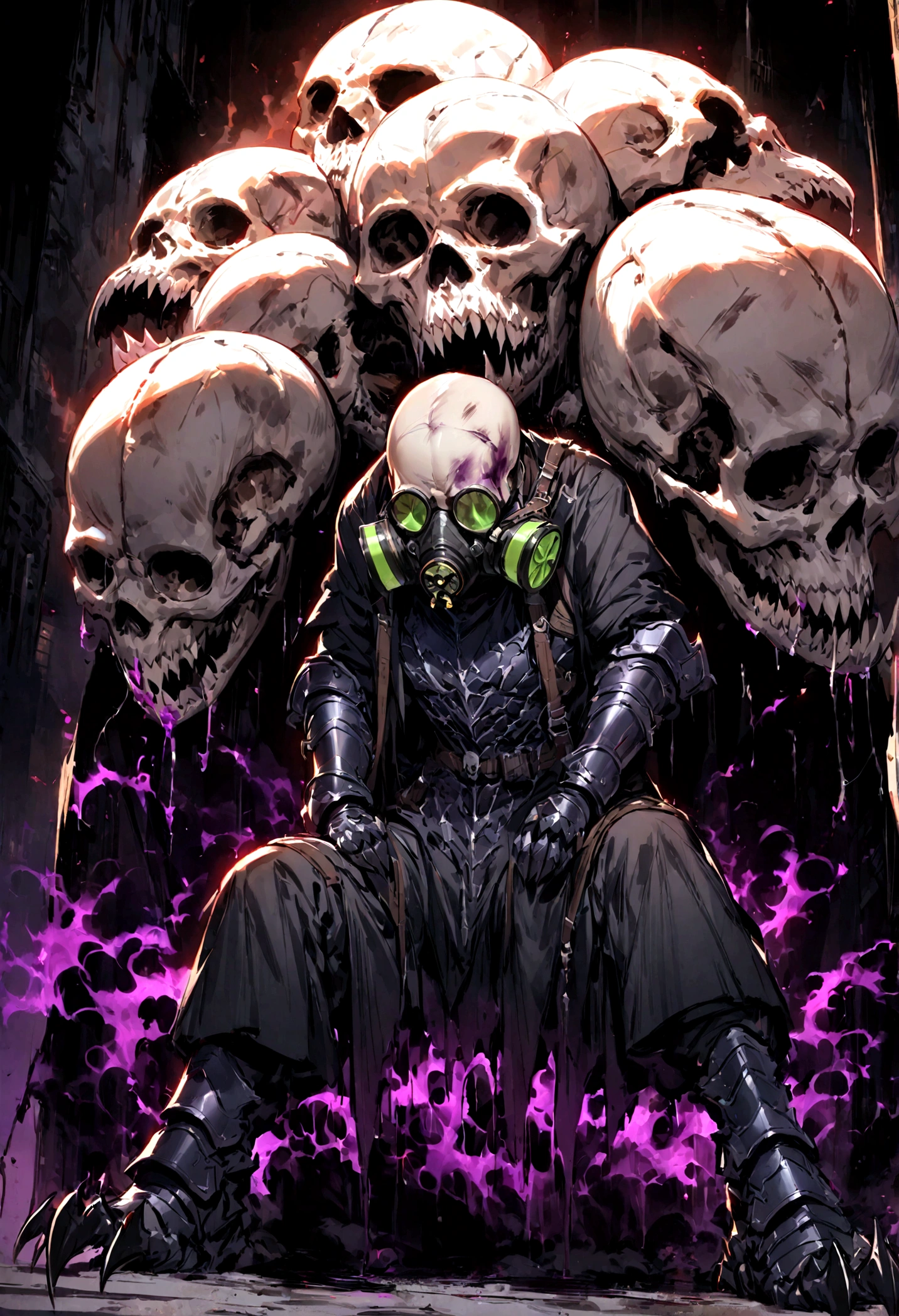 (((perfect anatomy))),((One image of a character based on the typical make dark lord of a fantasy world)), high quality, ultra detailed, ultra realistic, darkness,(illustration:1.4),(overexposure:1.3),(photography:1.3),(macro lens:1.1).,kurenaiz1, ((best quality)), ,(masterpiece), best quality, perfect body, perfect desing, grim reaper, black leather trenchcoat, ((huge metallic white pauldrons with massive horned spikes fused to it)), ((chains wrapped around his arms, chains connecting his pauldrons with one another)), white human skull for a face, two holes for eyes glowing red, ((wearing a long black tattered and dusty cape howling in the wind, wearing a black cowl that covers most of his head)), ((long and rusty respirator tubes comming from his back connecting with the sides of a ancient respirator on the sides of the jaws of the skull)), massive, towering, sinister. The armor is covered in dents and scratches in many locations but looks sturdy and thick, wearing armor on the legs the knees and the thighs. ((A massive black aura and misma oozing out and around the character like a cloud of death and warning to any who would ever dare aproach him)), ((hands incased in thick gauntlets made of black iron with streaks of white bones fused on them ending in sharp black talons of steel)), in a dark forest, at night, thick foliage with trees and bushes.,