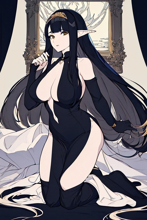 ((best quality)), ((masterpiece)), (detailed), perfect face, full body, black dress, black hair, long hair, hime hair style, elf ear, big tits, big ass, white pale skin