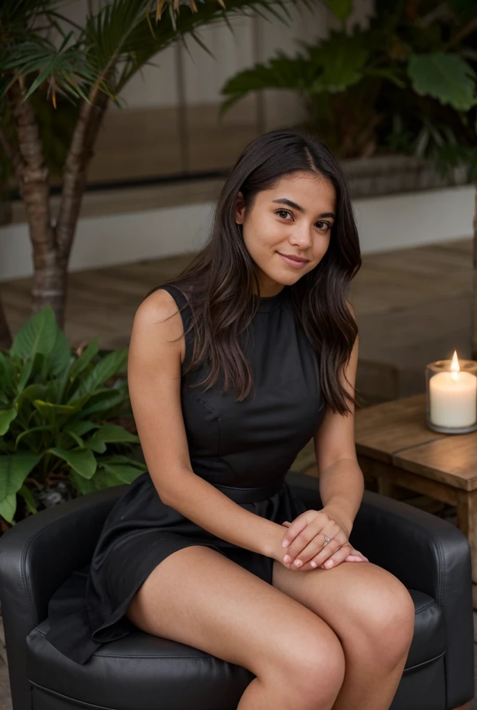 Un portrait photoréaliste d'une Colombienne de 20 ans avec de longs cheveux noirs flottants et des yeux sombres saisissants. Elle doit avoir une expression naturelle et accessible et être éclairée par la douce lumière du soleil dorée. The background will be a living room, elle sera assise sur un canapé noir en cuir. she is dressed in a black dress.