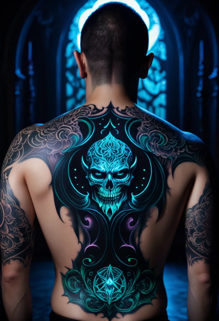 Black Light Art，Glow in the Dark Tattoo，Half demon half god seamless fusion back tattoo，Melancholy atmosphere，Symmetrical balance，Gothic horror，Dark Fantasy，masterpiece，Best quality，8k，Ultra Detail，Clear focus，