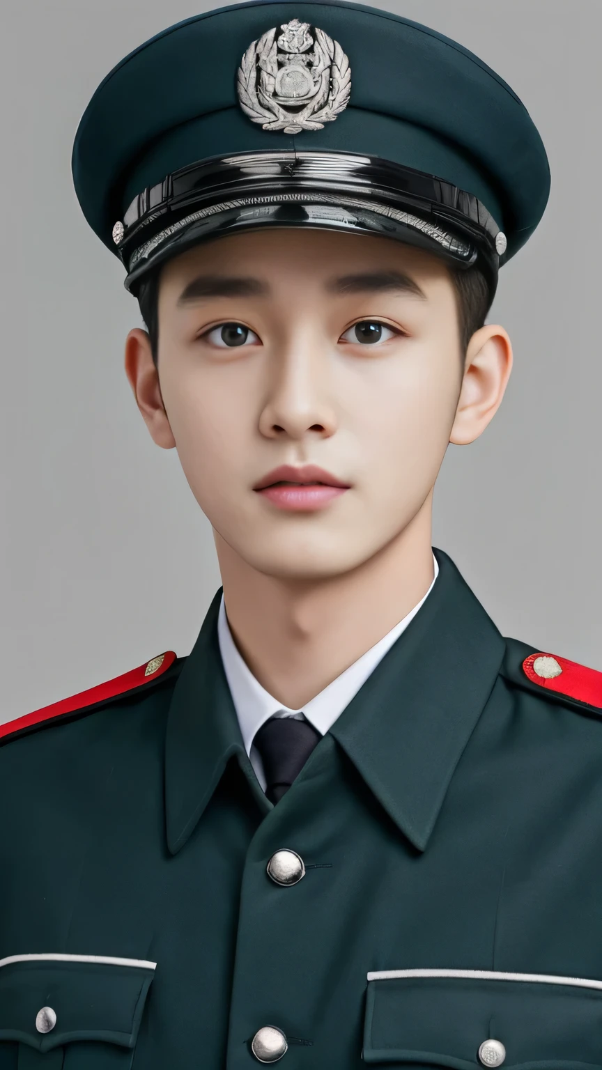 arafed man in a Uniform posing for a picture, wearing Uniform, wearing a Uniform, Uniform, military uniform, in Uniform, uniform, cai xukun, Embroidered uniform guard, Wearing military uniform, yanjun chengt, Wearing full uniform, officer uniform, Unified background, Wearing a general\of，Army green military uniform，Close-up photo，