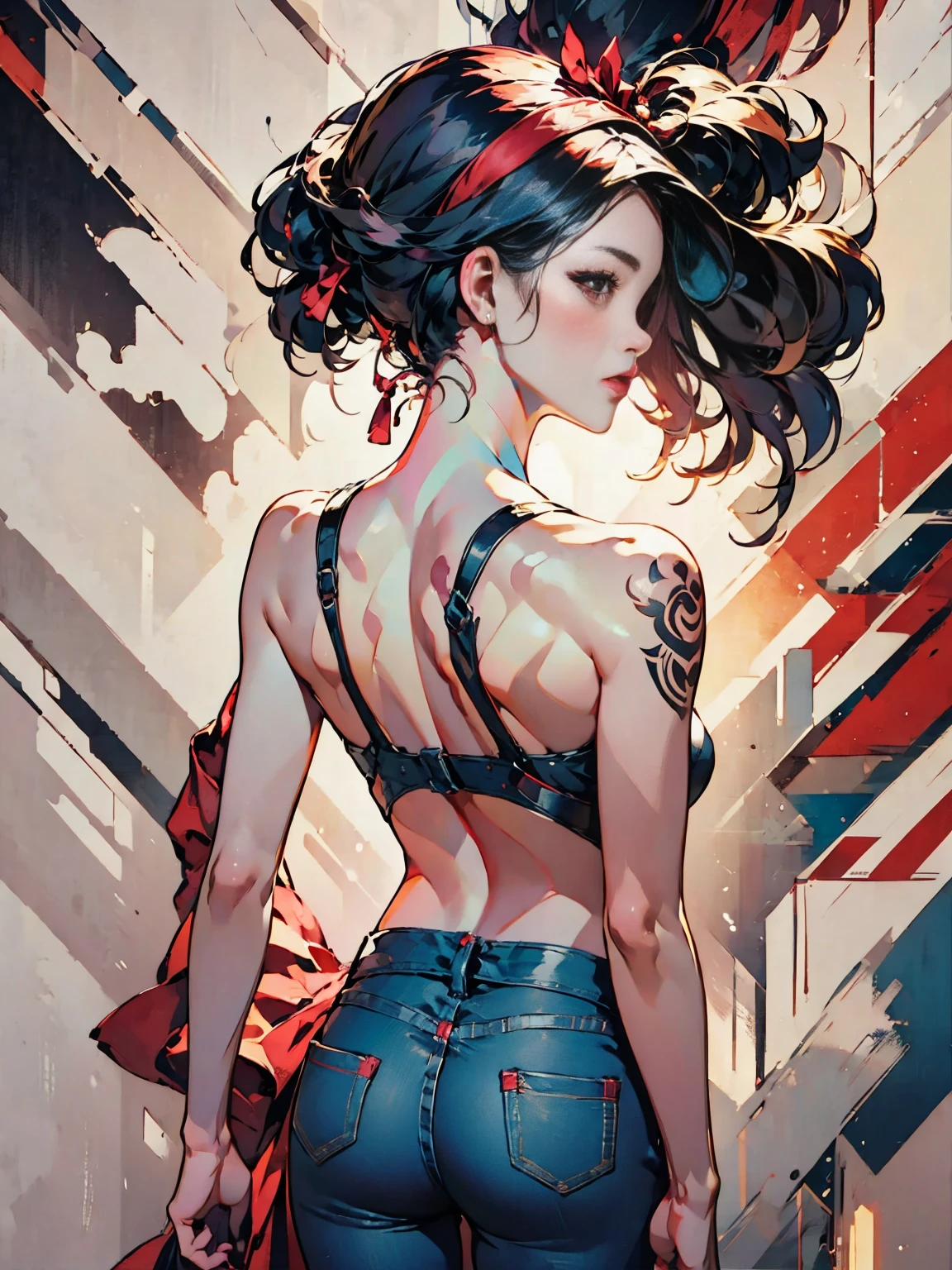 A beautiful young woman from behind showing her beautiful black intricate tattoo intricate tattoo design, only her back is visible, detailed background, grabbing colorful hanging fabrics, HD, 8K, jeans pants, very detailed and sharp, photorealistic, skin delicate, perfect lighting, dramatic composition, elegant pose, stunning background, cinematic atmosphere