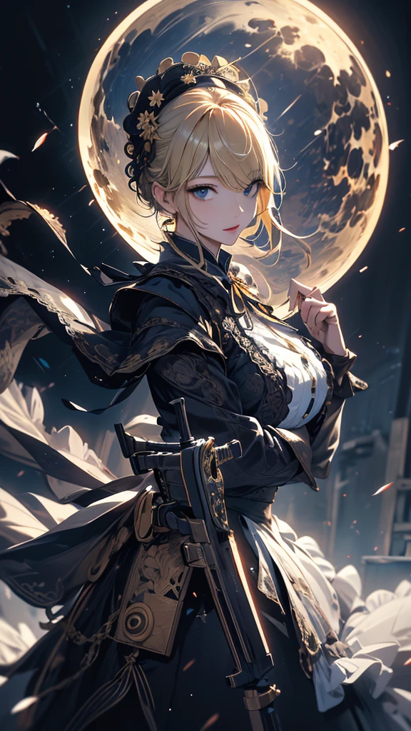 masterpiece, high quality, 4K, Beautiful design, silhouette,blonde, 非常に詳細な夜のStarry Sky,Flower Field, wonderful, Finer details, Very knowledgeable woman, Highly detailed solo, 1 female,Big Breasts,White Collar Gothic ta Fashion,Firearms equipment,Night view,Starry Sky,full moon,