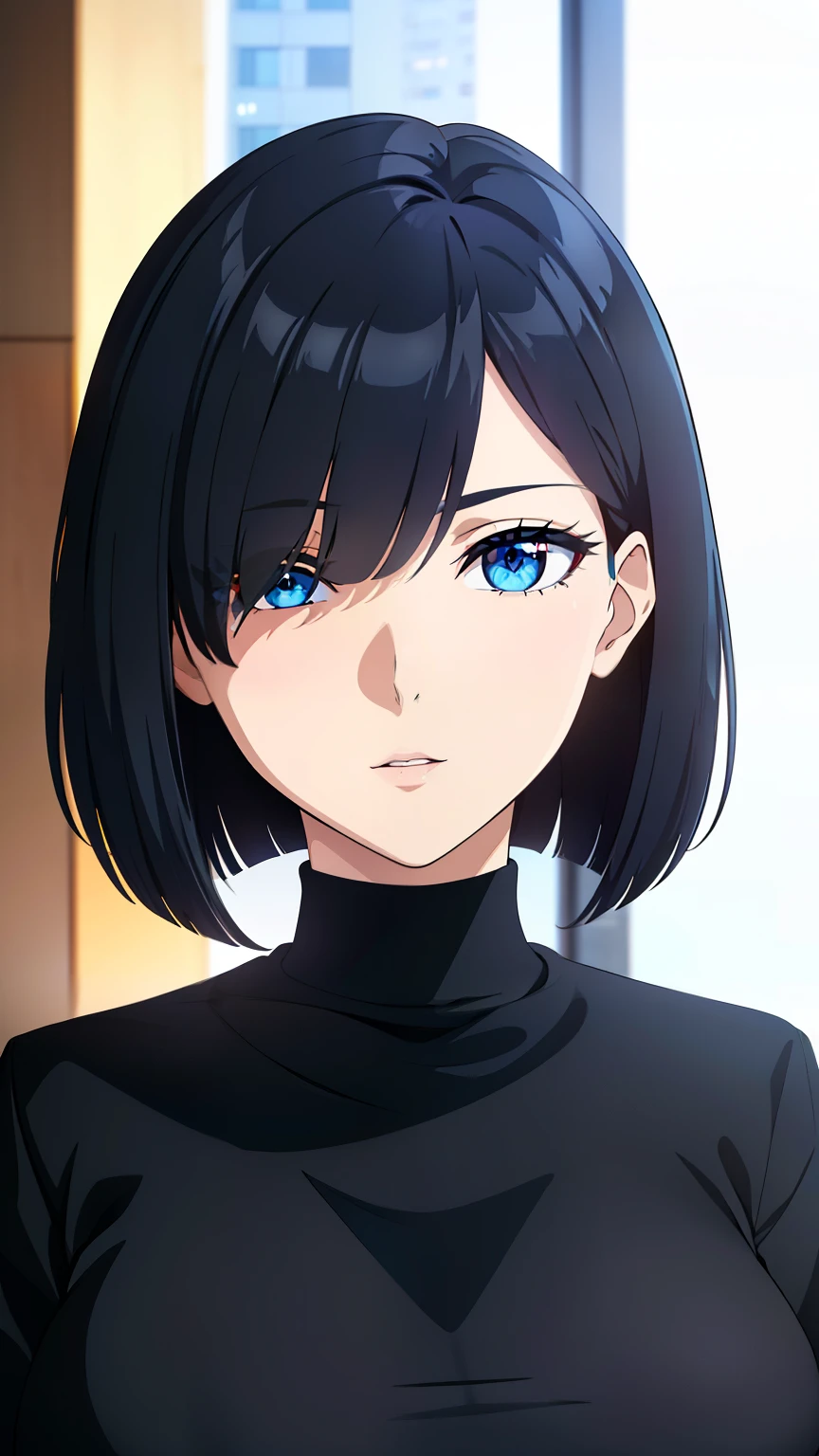 (best quality:1.5, highres, UHD, 4K, detailed eyes, detailed lighting, detailed hair, shaders), black hair, bob cut, hair covering one eye, cool woman, cool girl, sharp eyes, blue eyes, beautiful, large breasts, casual clothes, (pov, close shot)